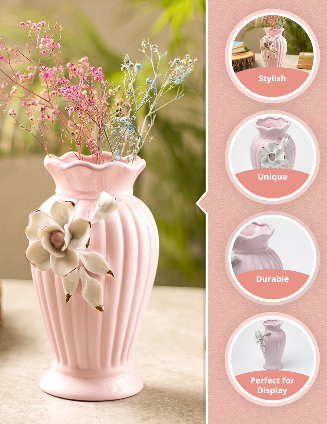 Light Pink Ceramic Curvy Vase - Engraved Floral Pattern, Flower Holder - MARKET99