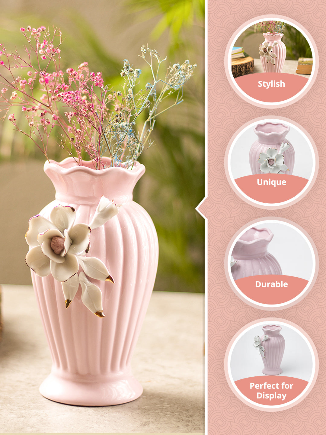 Light Pink Ceramic Curvy Vase - Engraved Floral Pattern, Flower Holder - MARKET99