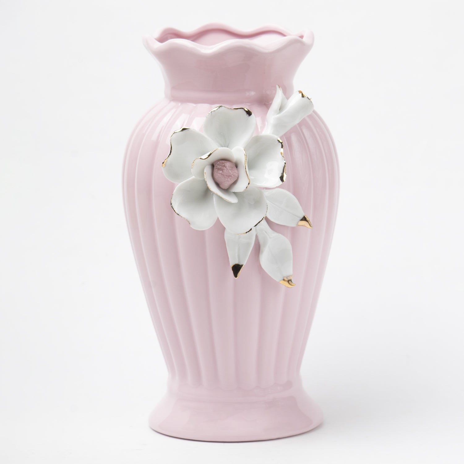 Light Pink Ceramic Curvy Vase - Engraved Floral Pattern, Flower Holder