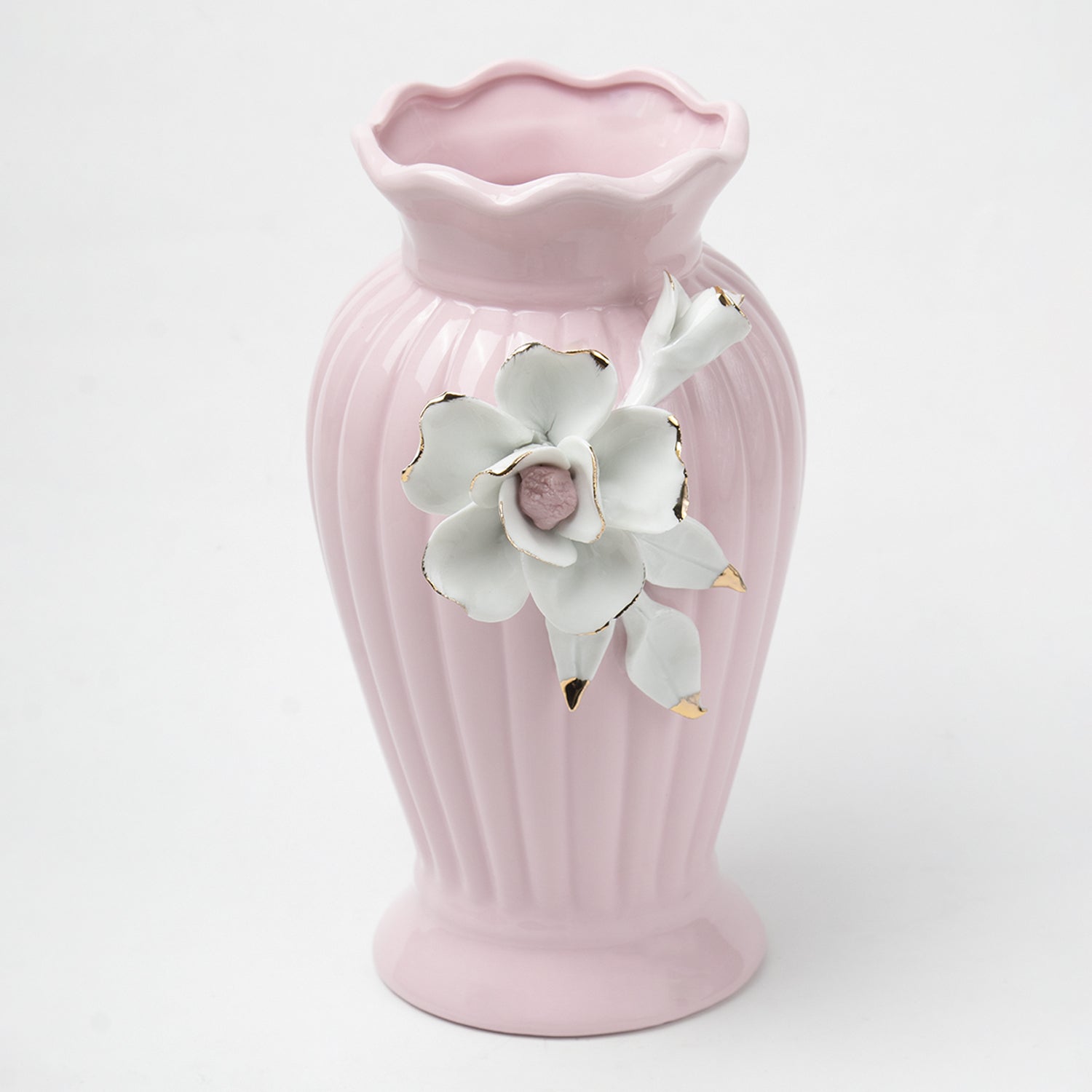 Light Pink Ceramic Curvy Vase - Engraved Floral Pattern, Flower Holder