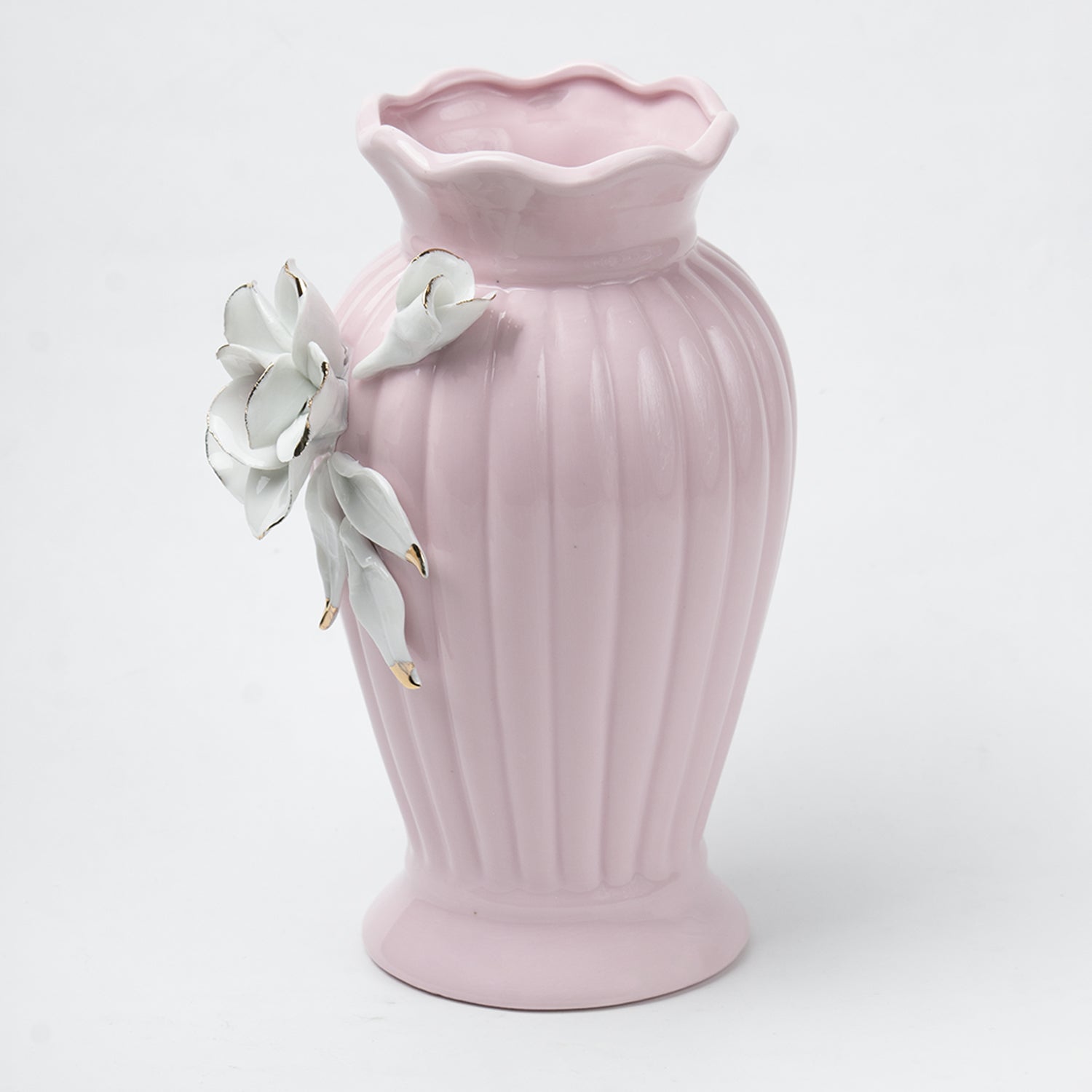 Light Pink Ceramic Curvy Vase - Engraved Floral Pattern, Flower Holder