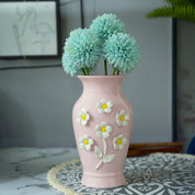 Dark Pink Ceramic Curvy Vase - Engraved Floral Pattern, Flower Holder