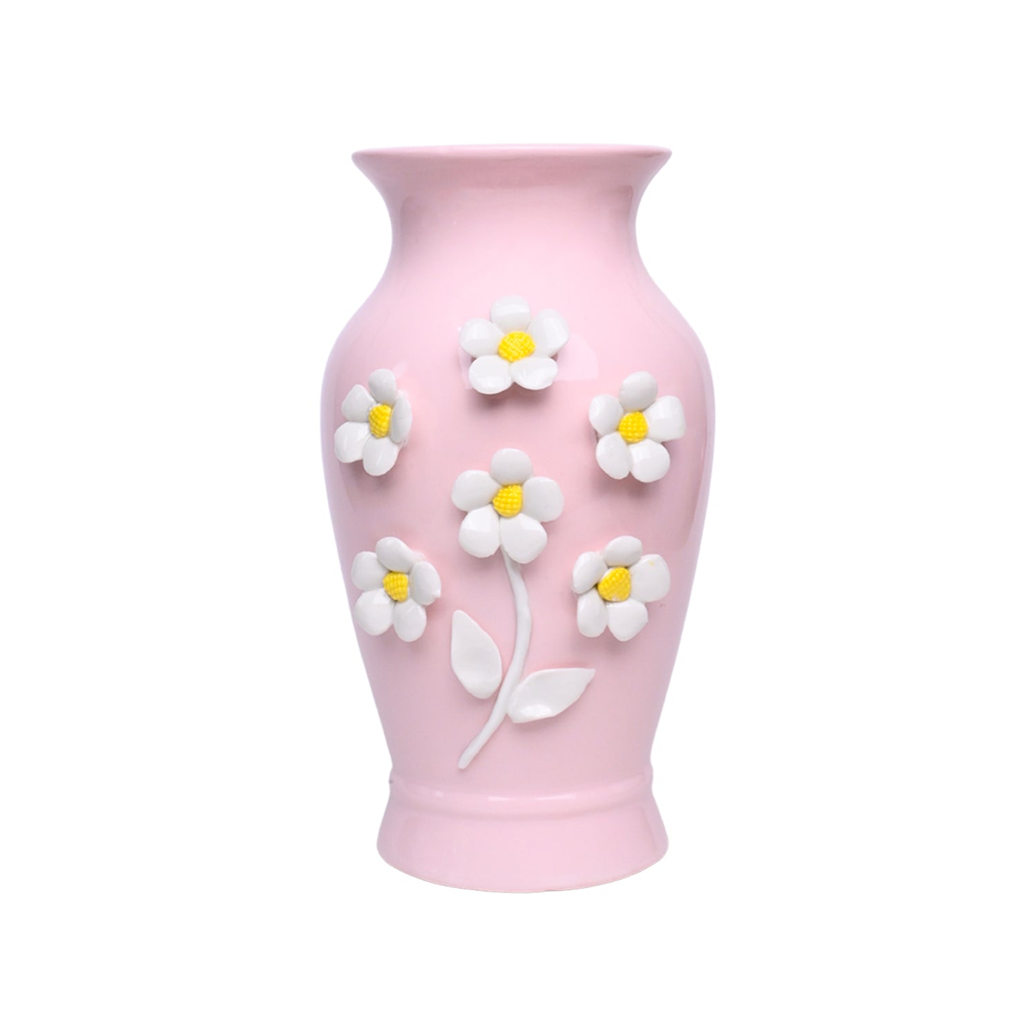 Dark Pink Ceramic Curvy Vase - Engraved Floral Pattern, Flower Holder