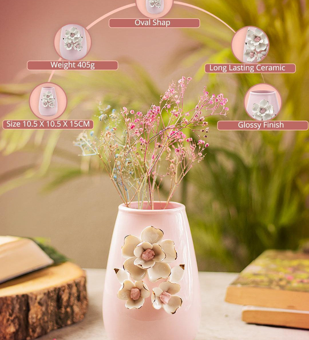 Pink Ceramic Vase - Engraved Floral & Ribbed Pattern, Flower Holder - MARKET99