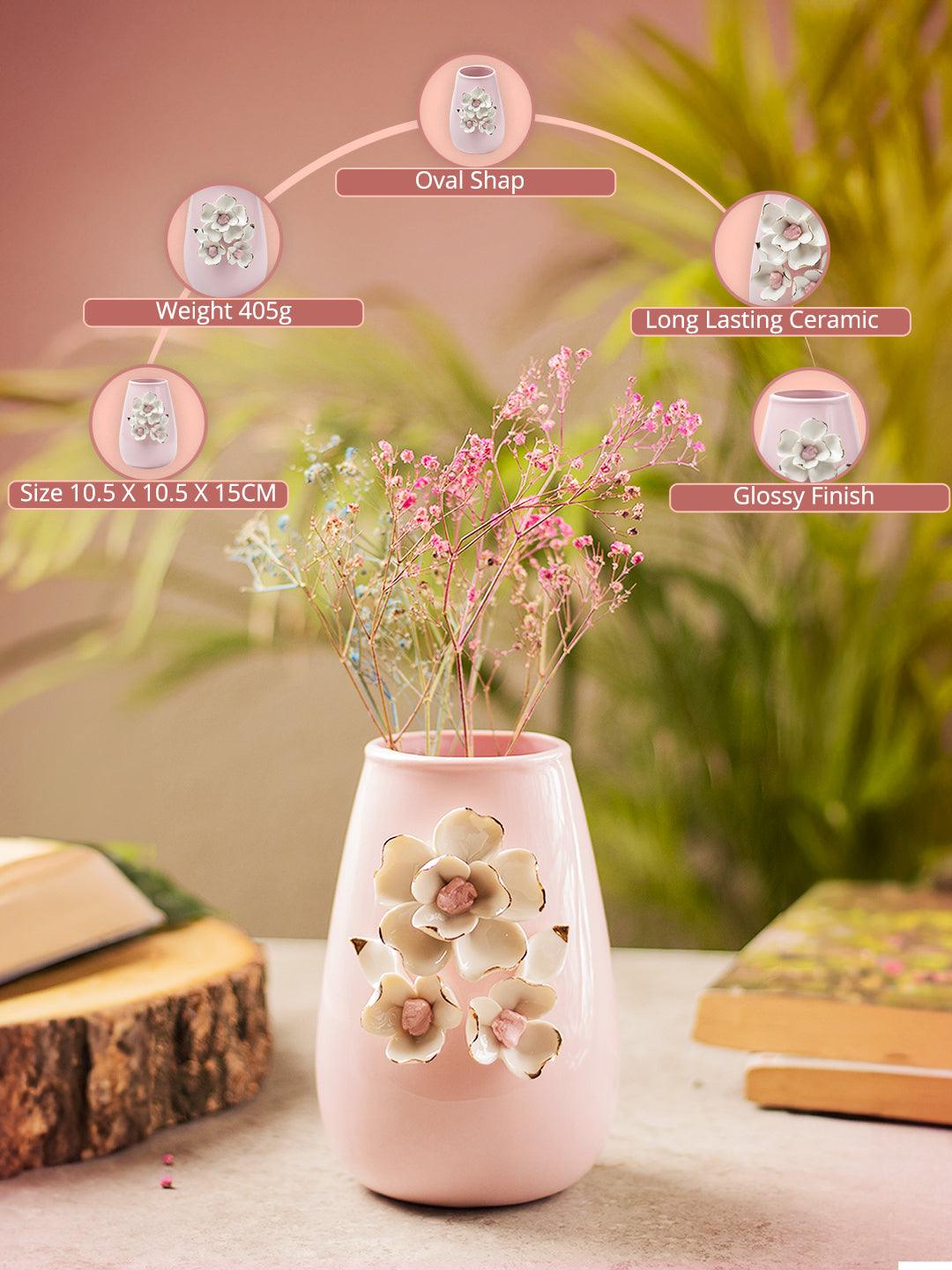 Pink Ceramic Vase - Engraved Floral & Ribbed Pattern, Flower Holder