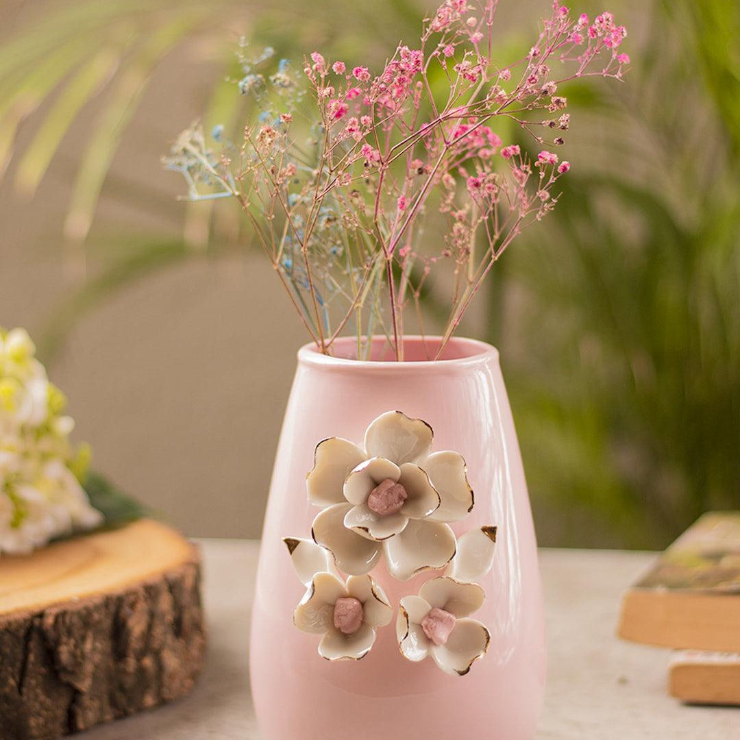 Pink Ceramic Vase - Engraved Floral & Ribbed Pattern, Flower Holder - MARKET99