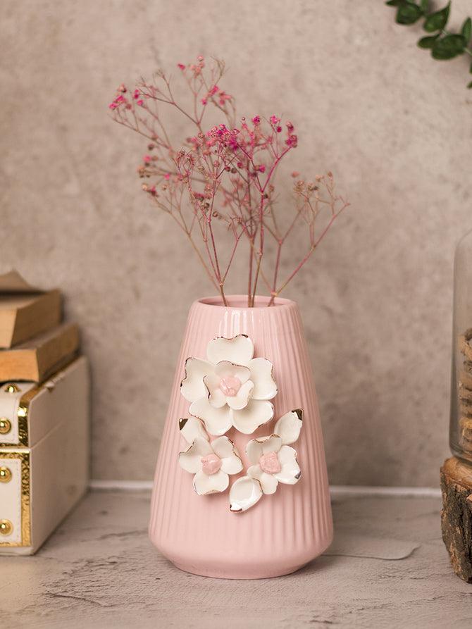 Pink Ceramic Vase - Engraved Floral Pattern, Flower Holder