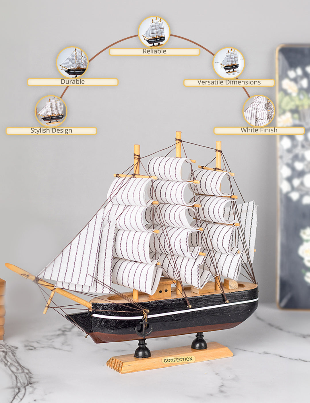 White Wooden Marine Nautical Sailing Boat Ship Ornament - MARKET99