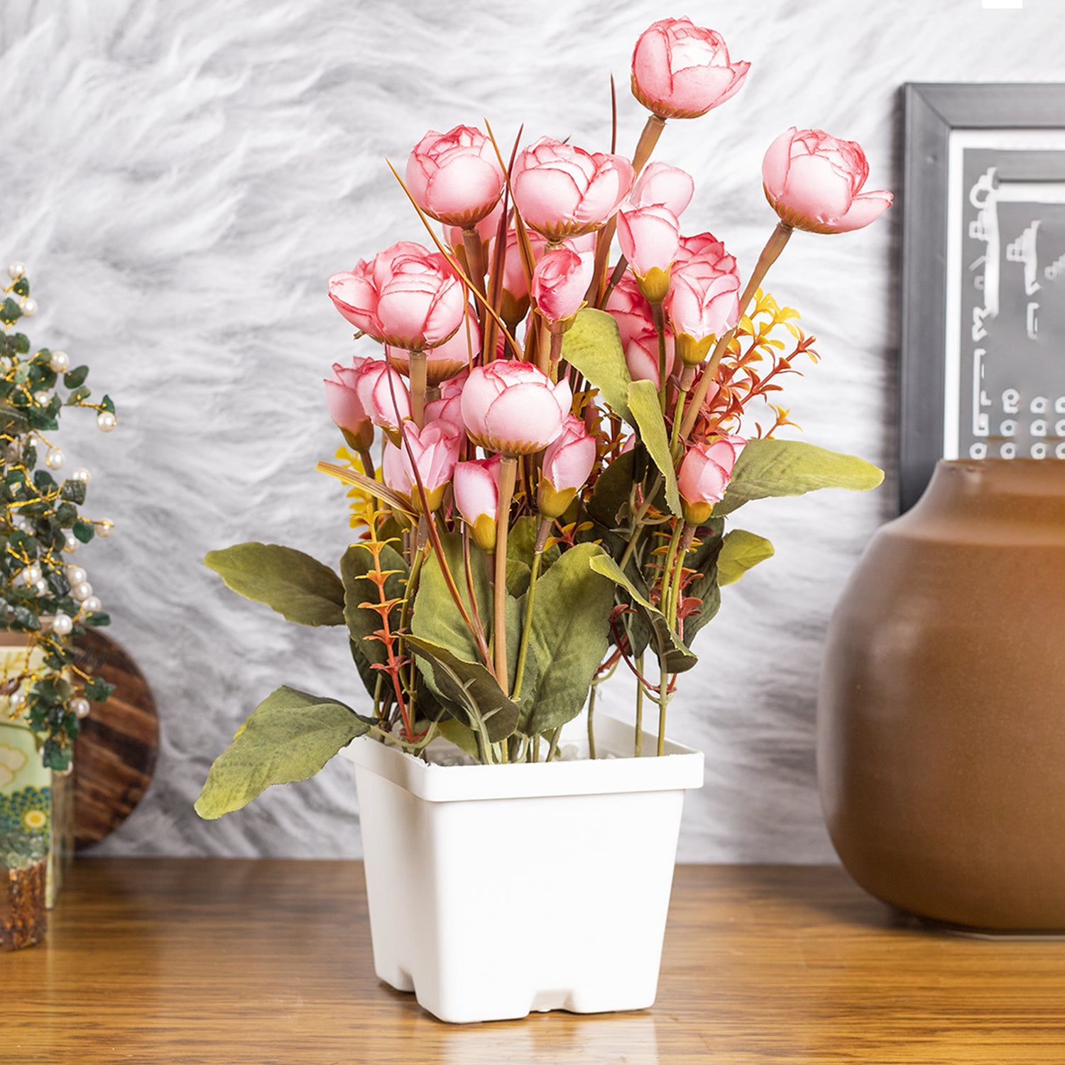 Pink Rose Artificial Flower Pot Home Decor