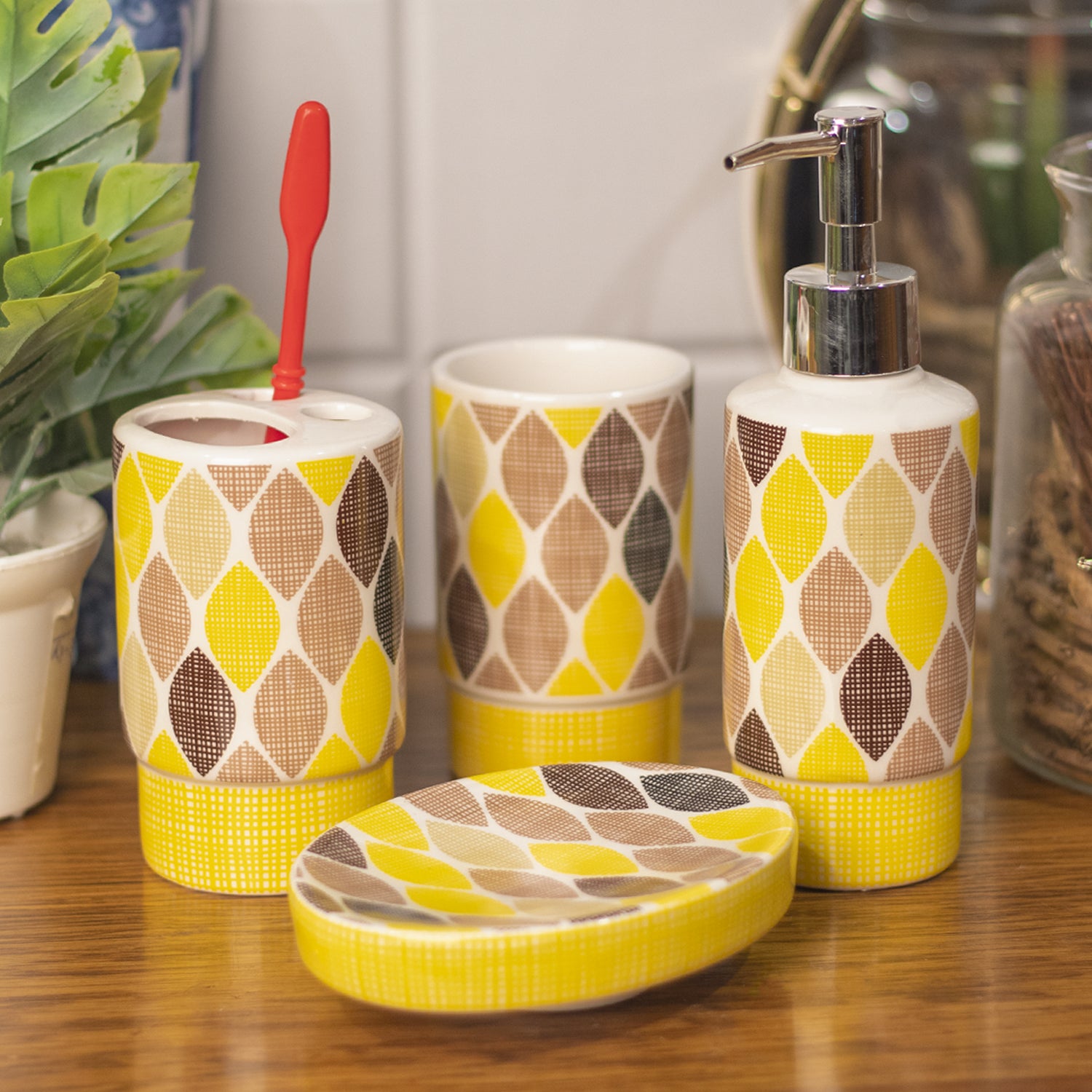 Ceramic Bathroom Set of 4 - Multi Leaf Pattern