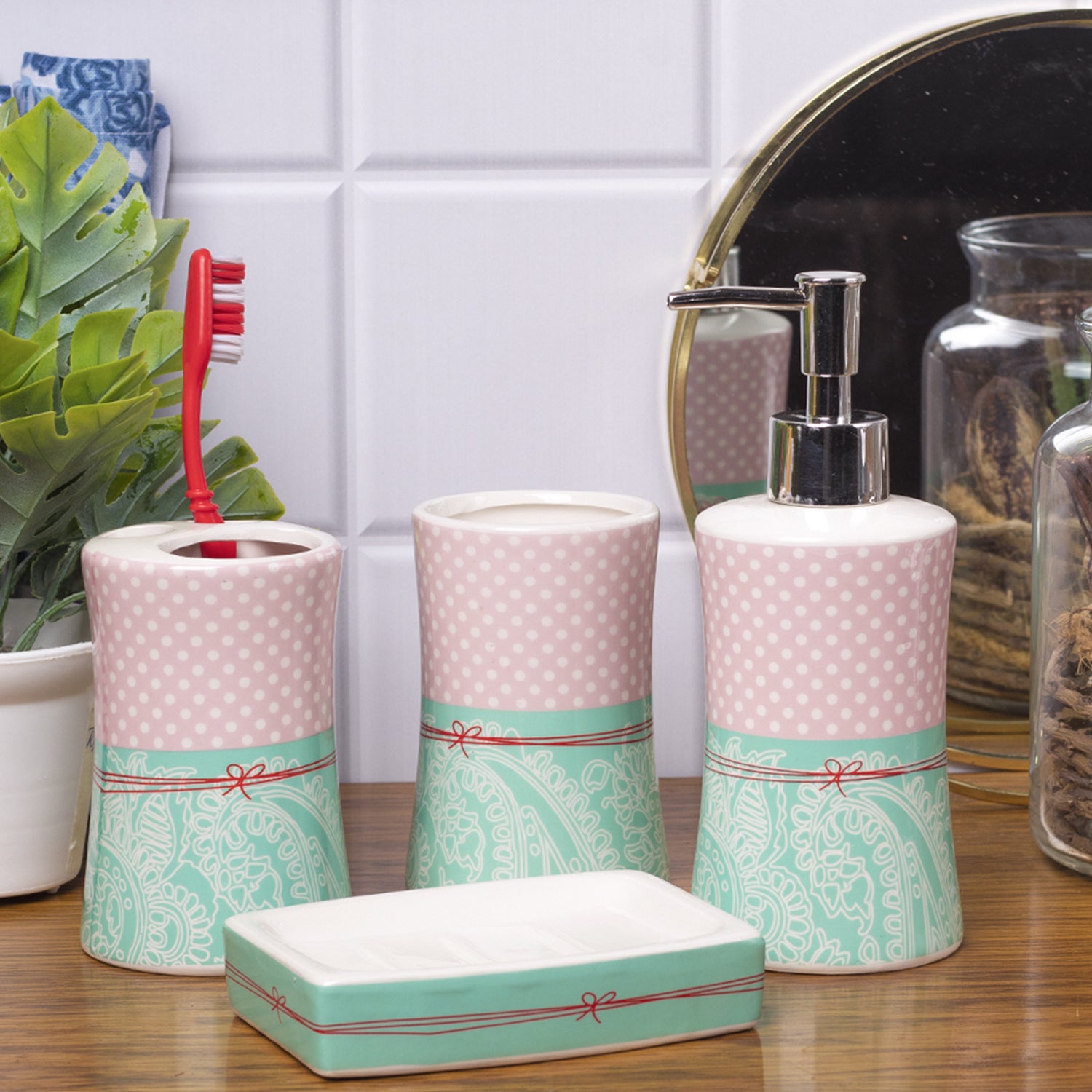 Ceramic Bathroom Set 4 - Polka Dot Print