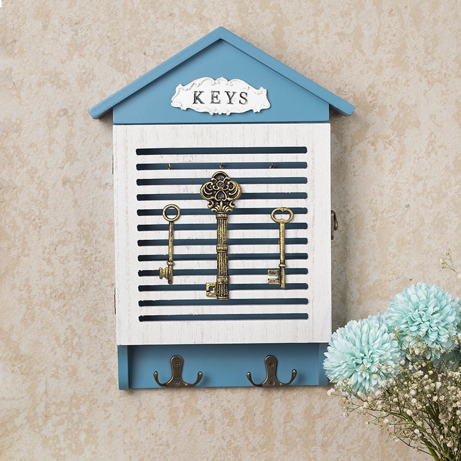 Blue & White Wood House Shaped Key Box Organiser