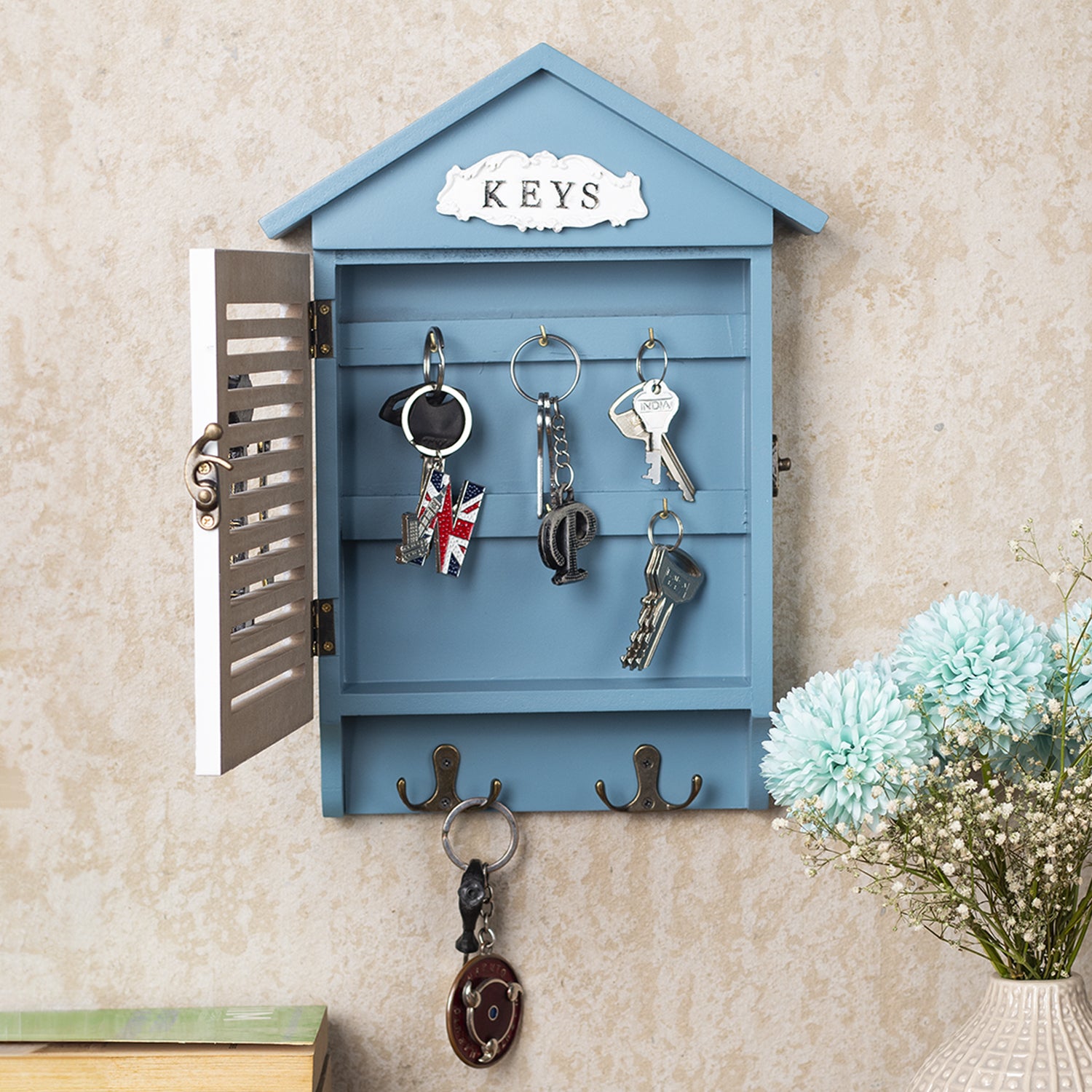 Blue & White Wood House Shaped Key Box Organiser