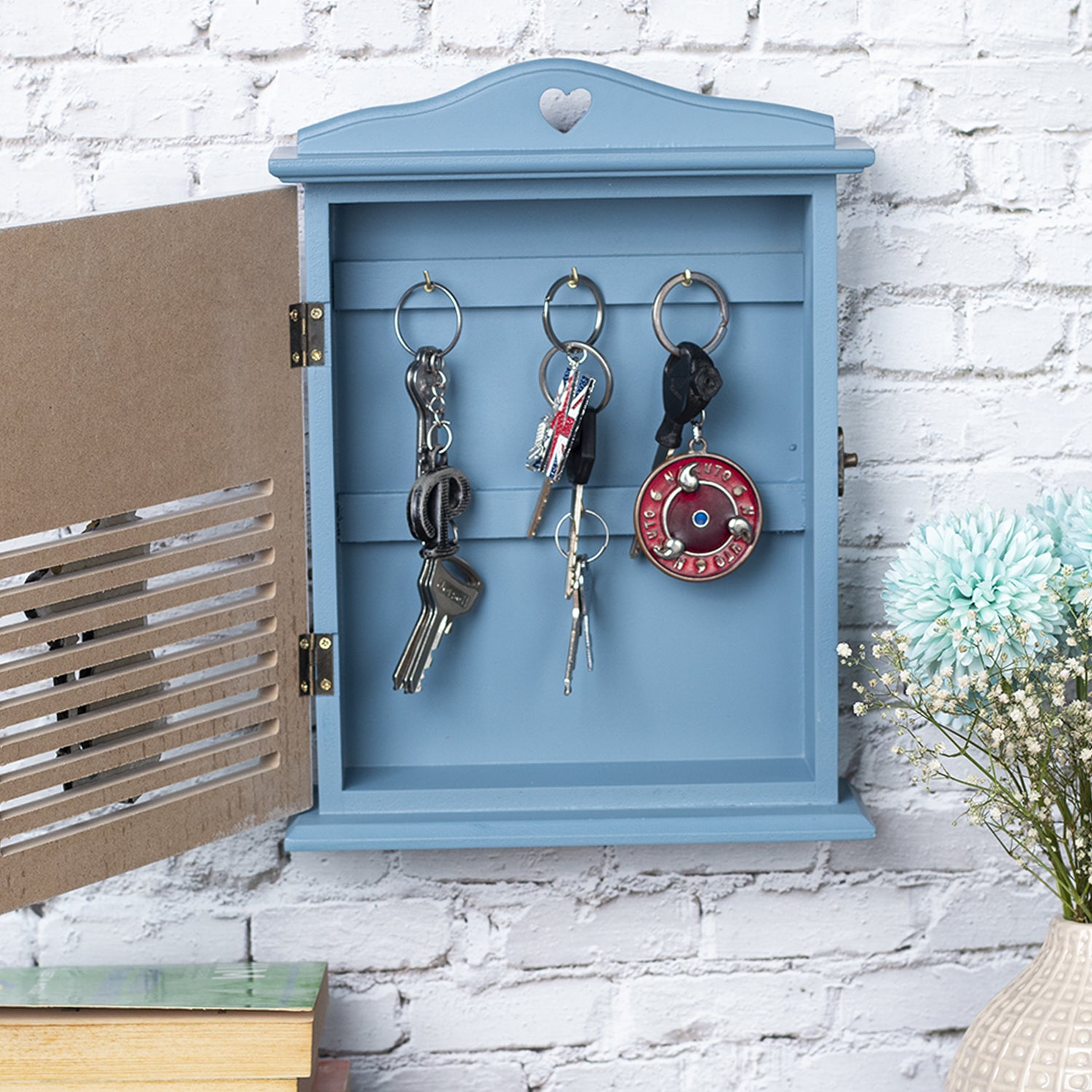 Blue & White Wood House Shaped Key Box