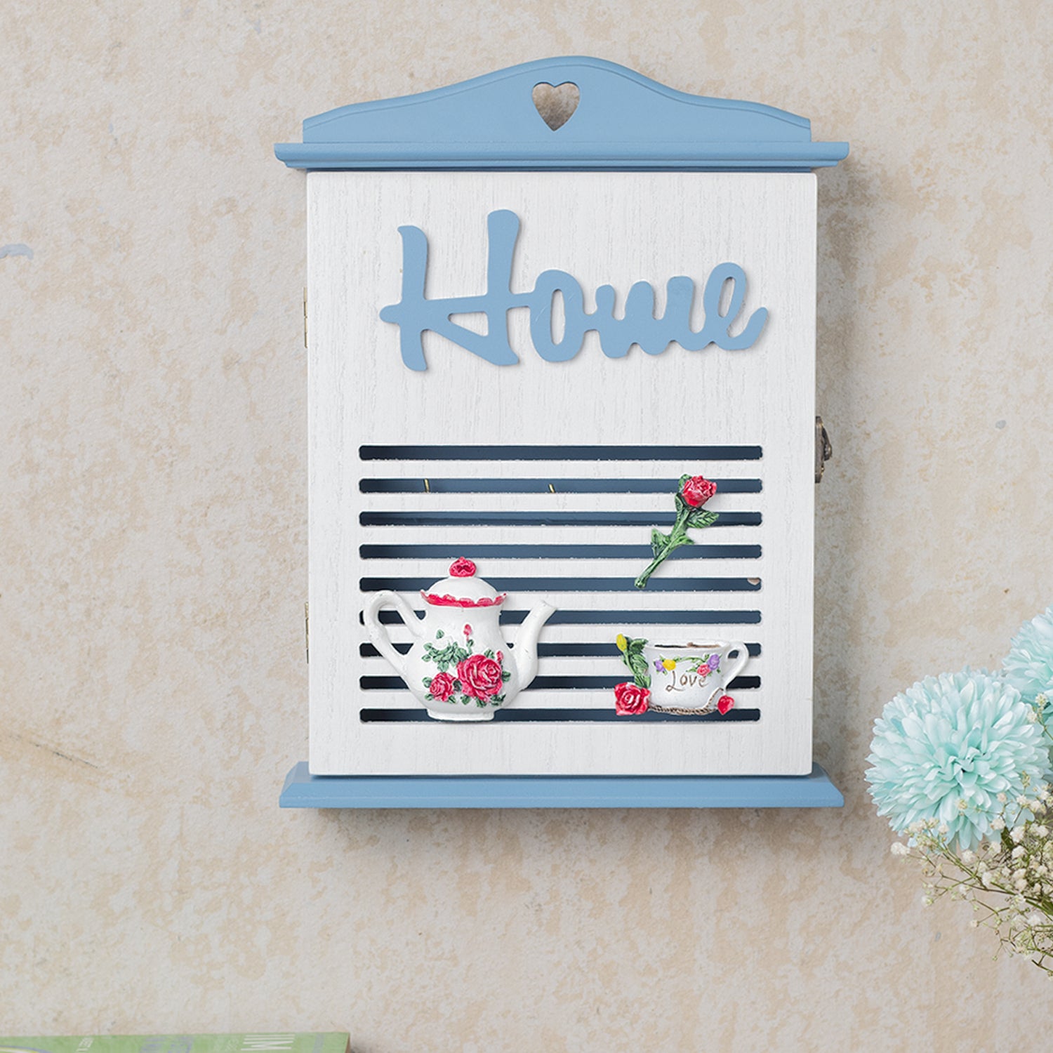 Blue & White Wood House Shaped Key Organiser Box