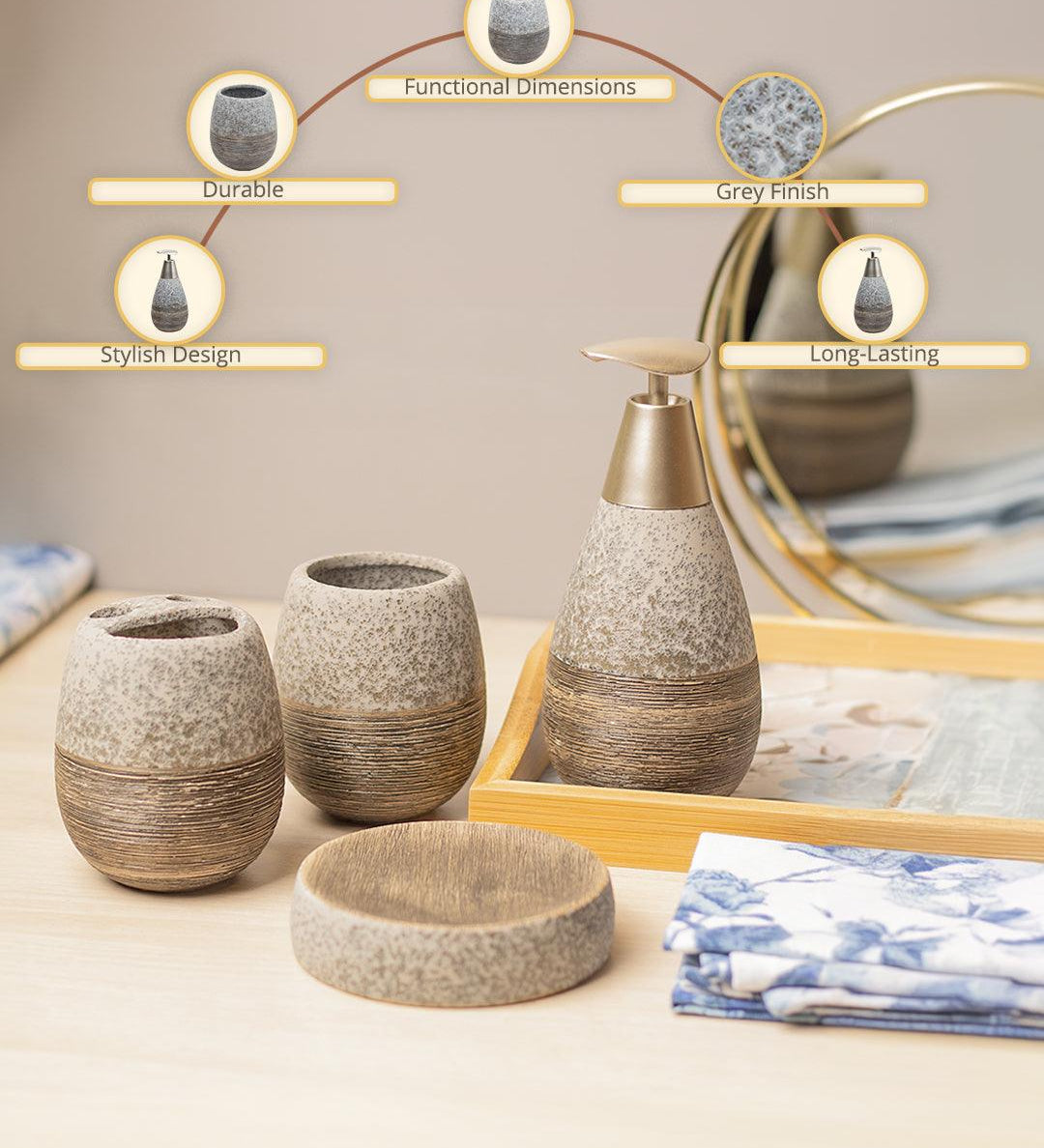 Grey Ceramic Pear Shaped Bathroom Set - Matte, Stone Finish - MARKET99