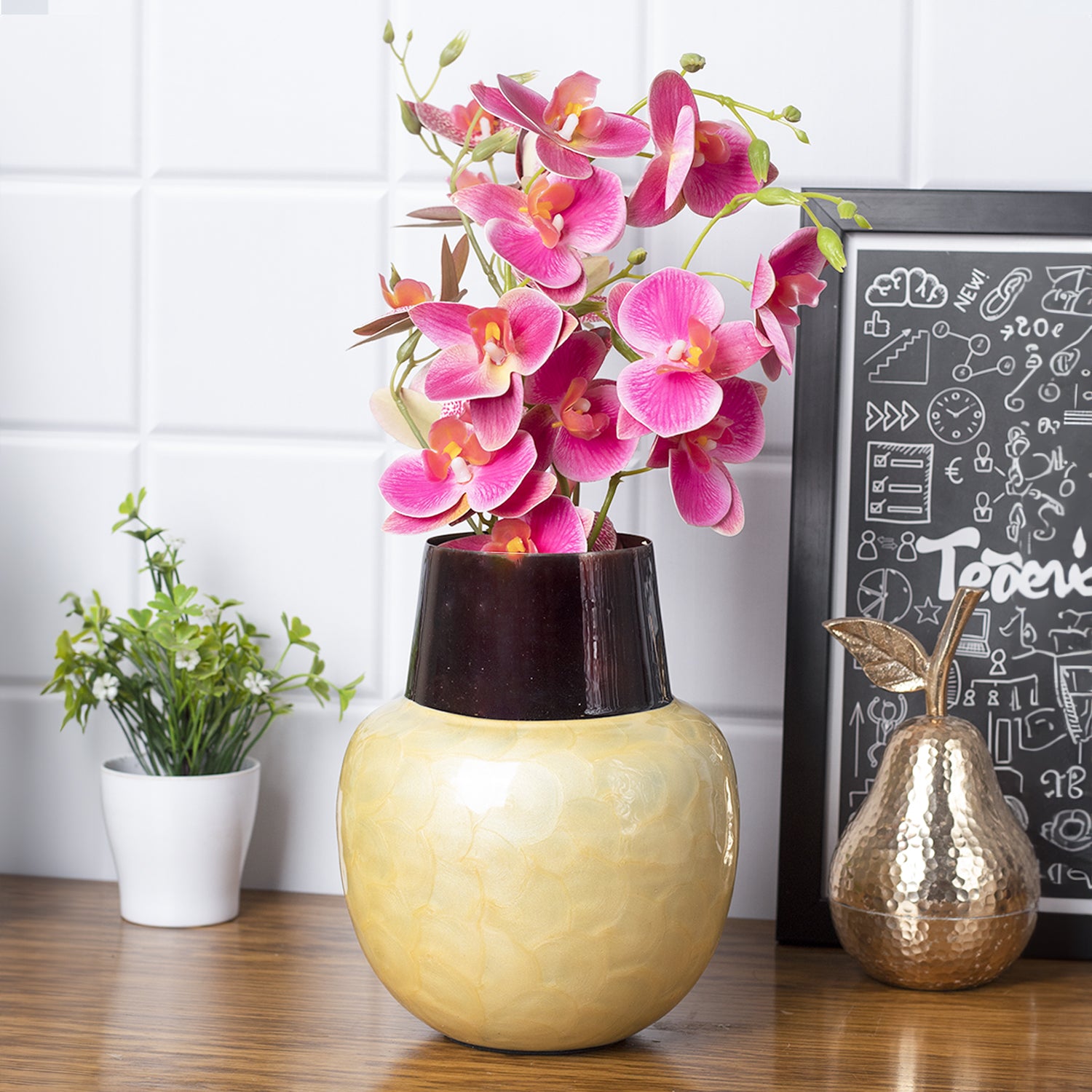 VON CASA Mustard Globular Shape Pot Vase (Mustard Enamel)