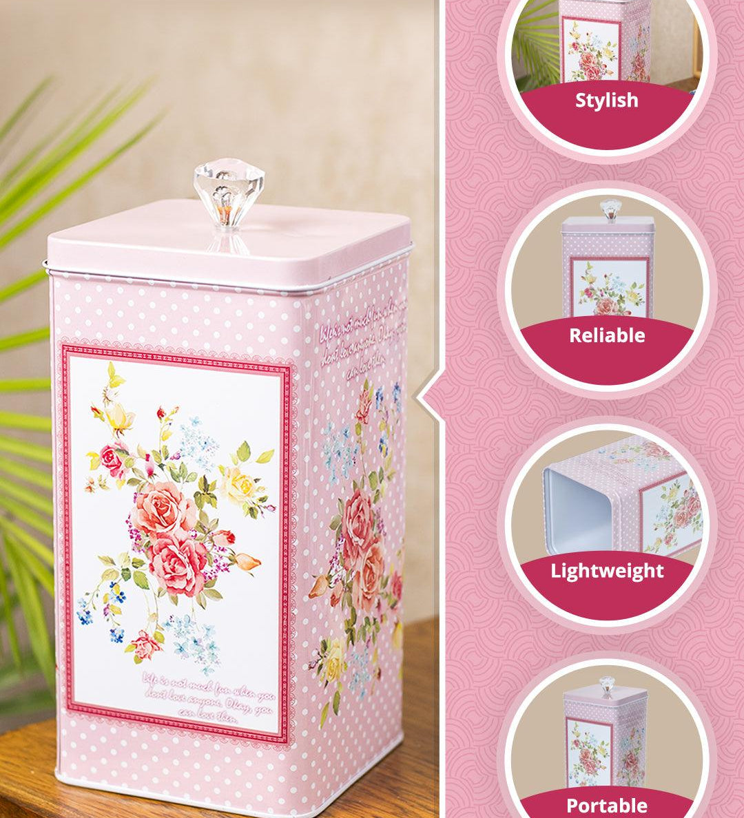 Pink Floral Print Kitchen Storage Tin Box - MARKET99