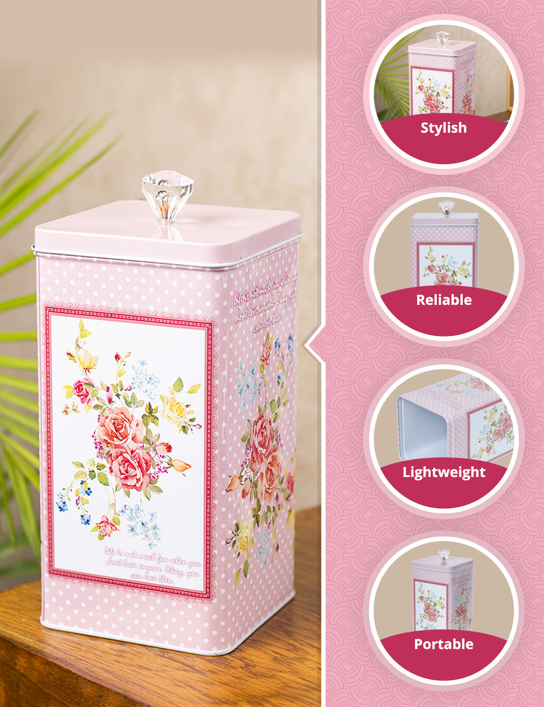 Pink Floral Print Kitchen Storage Tin Box - MARKET99