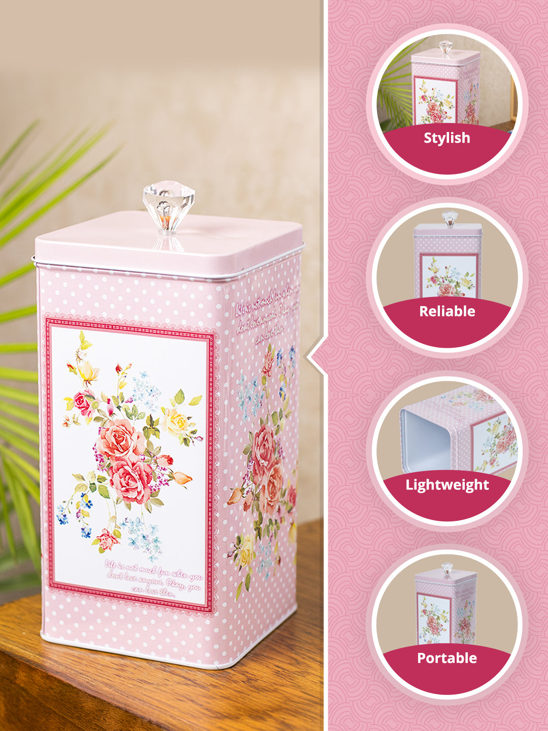 Pink Floral Print Kitchen Storage Tin Box - MARKET99