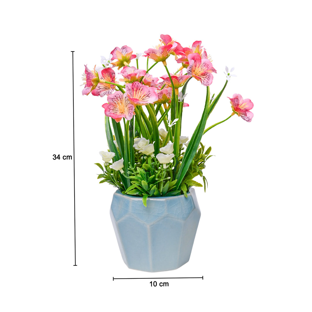 Pink Rose Fake Flowers With Sky Blue Pot Market99