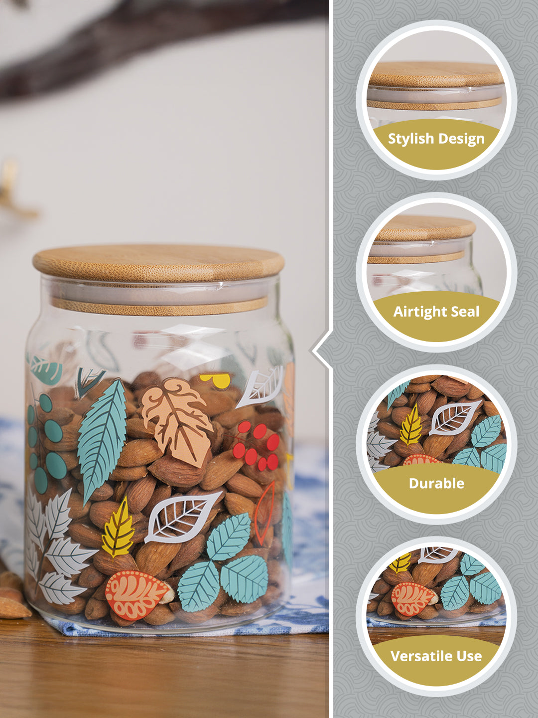 Borosilicate Glass Jar - 650Ml, Leaf Prints