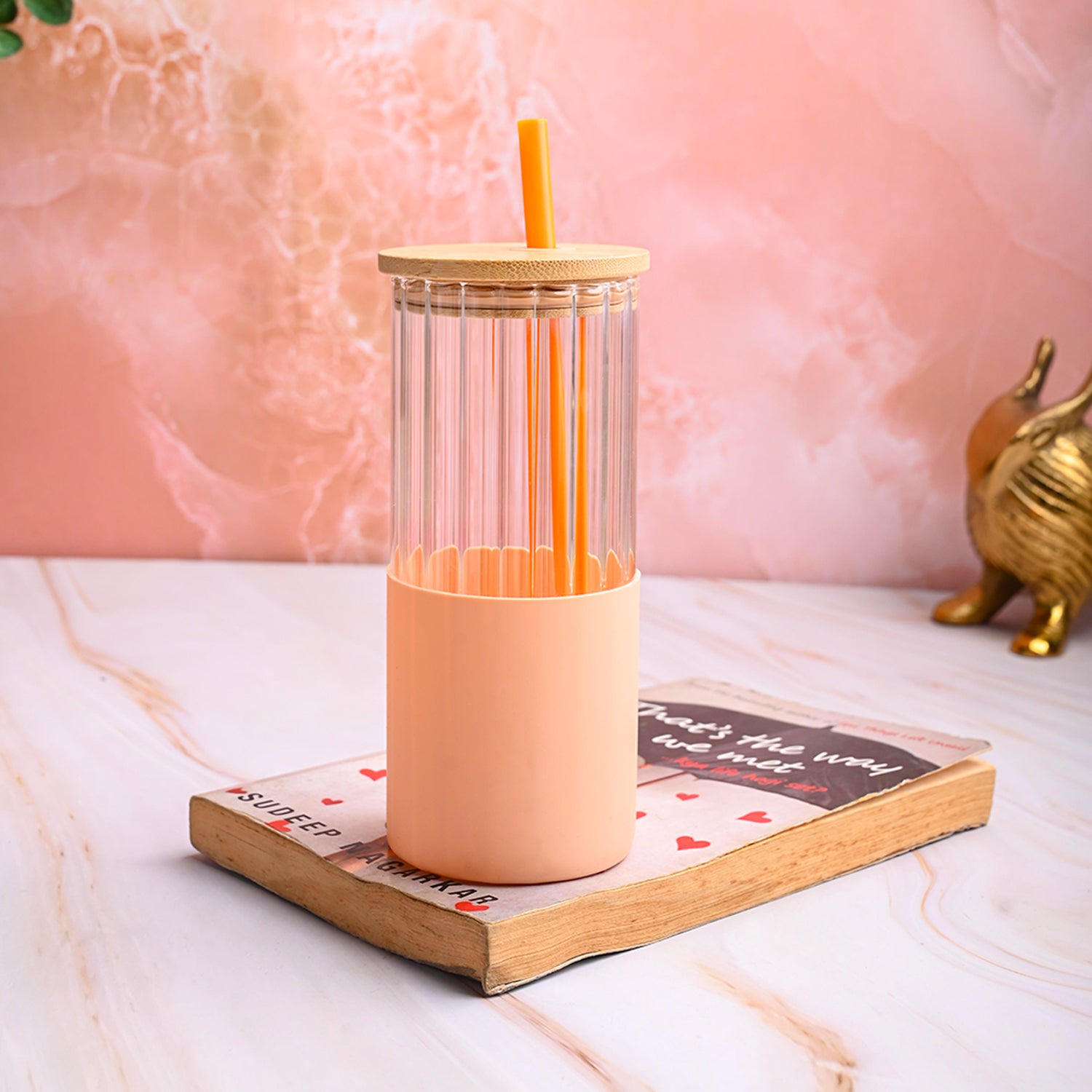 Borosilicate Glass Tumbler with Peach Silicone Sleeve - 350Ml