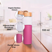 Borosilicate Glass Bottle with Pink Silicone Sleeve - 550Ml