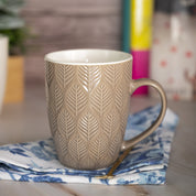 Beige Ceramic Mug - 360Ml, Leaf Pattern