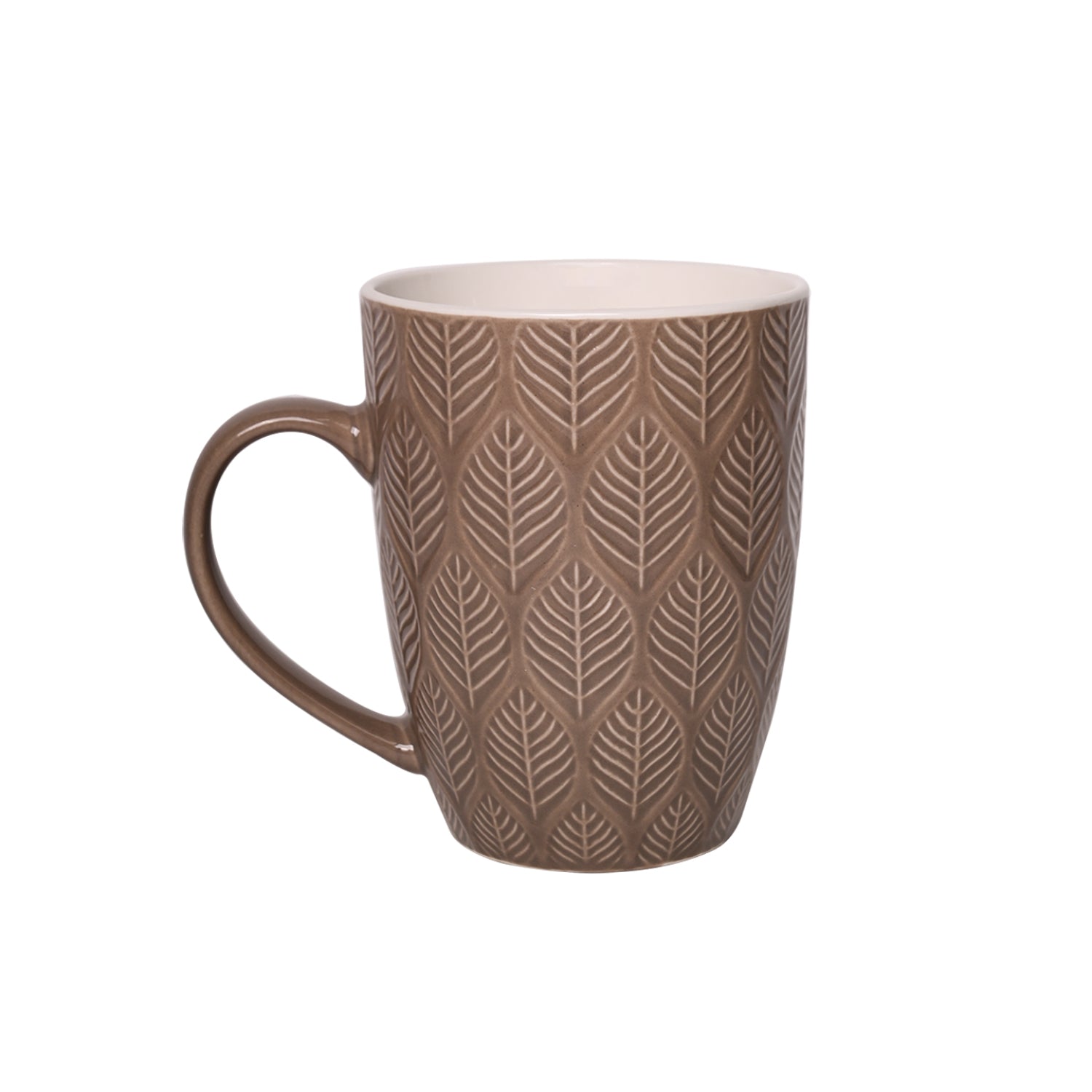 Beige Ceramic Mug - 360Ml, Leaf Pattern
