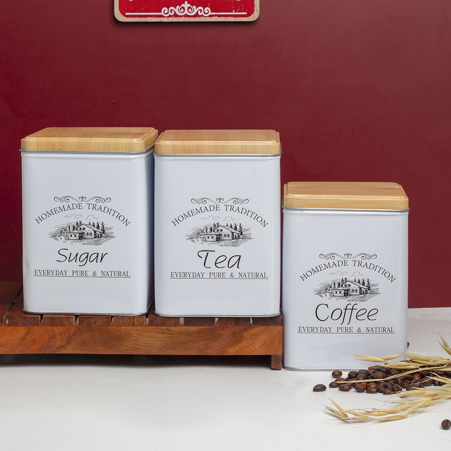 Coffee, Tea & Sugar - Metal Jar Set Of 3, Square & 1600Ml,