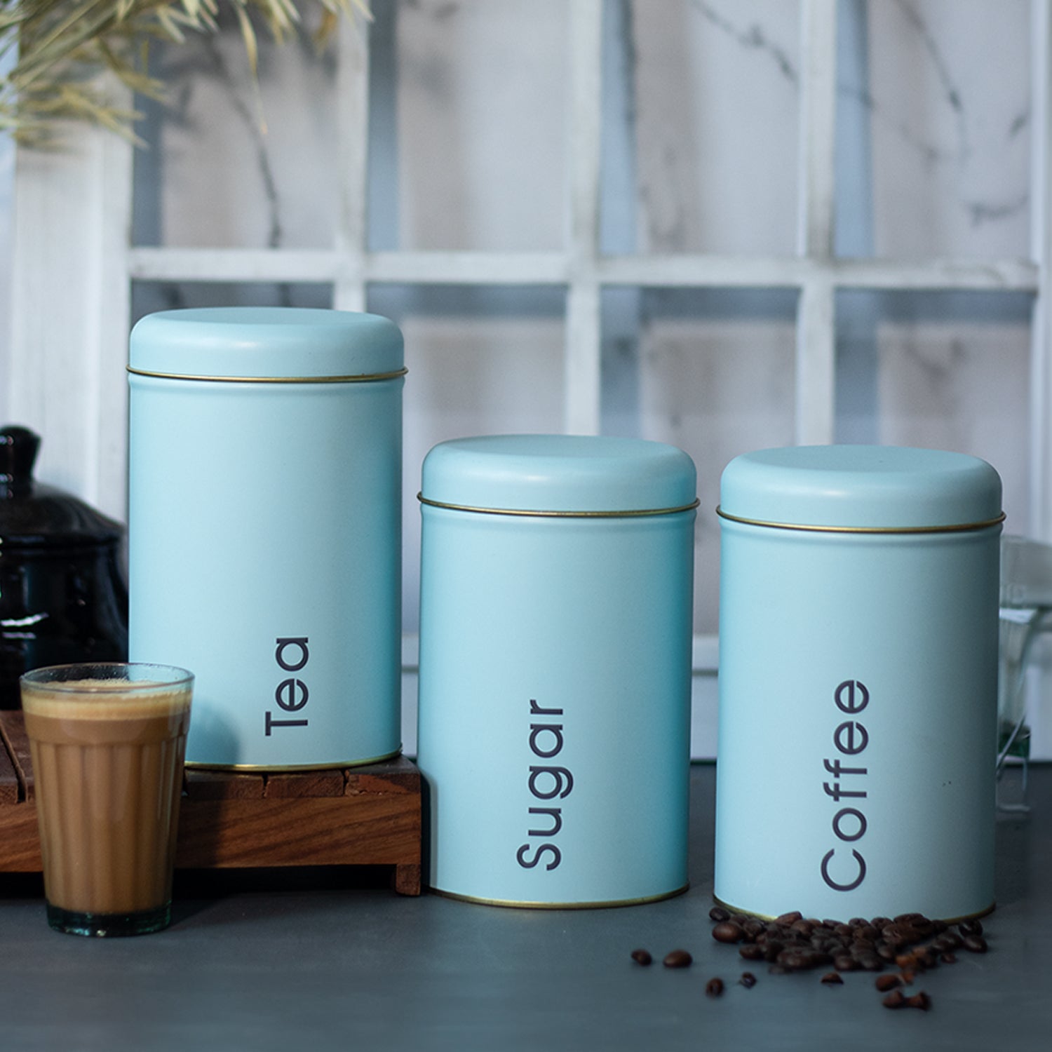 Coffee, Tea & Sugar - Metal Jar Set Of 3, Turquoise Color, 1450Ml