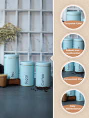 Coffee, Tea & Sugar - Metal Jar Set Of 3, Turquoise Color, 1450Ml