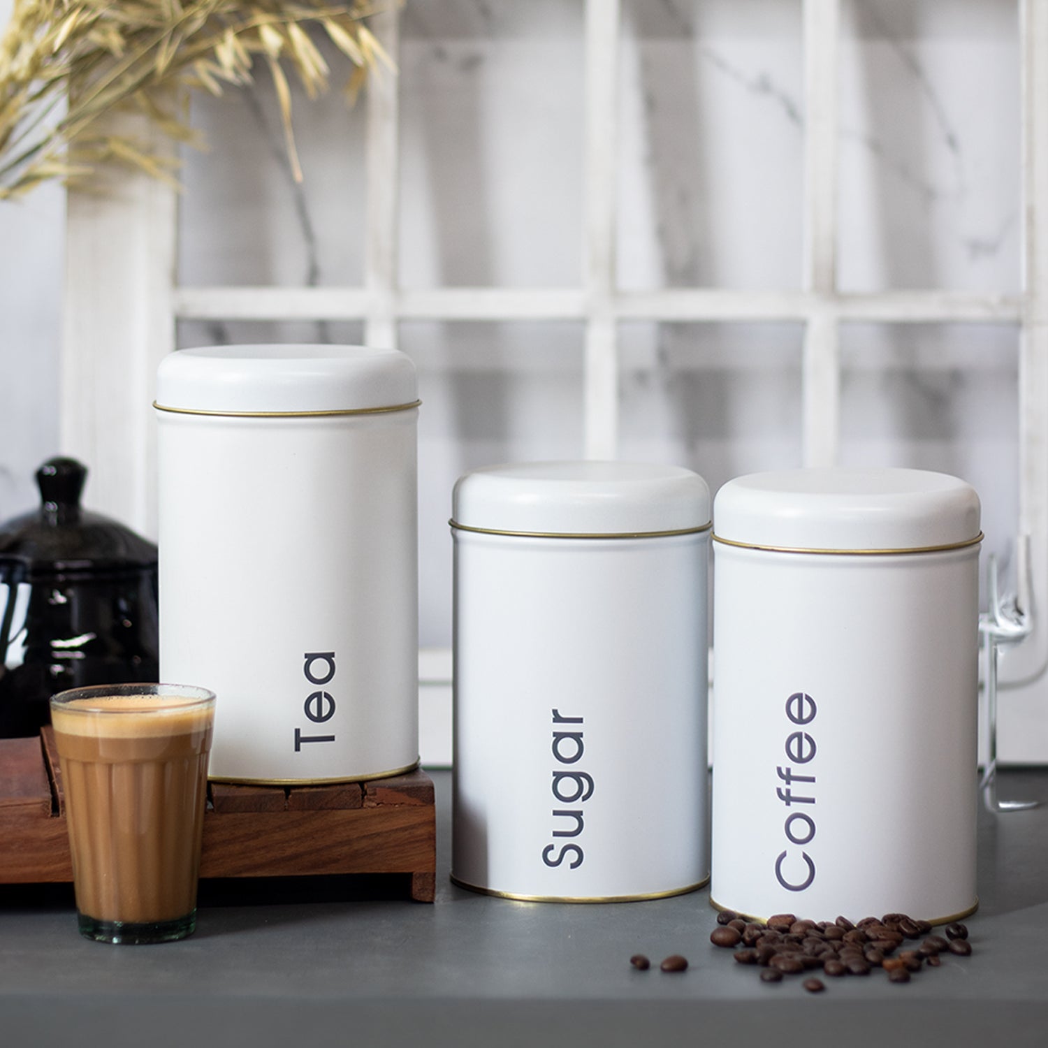 Coffee, Tea & Sugar - Metal Jar Set Of 3, White Color, 1450Ml