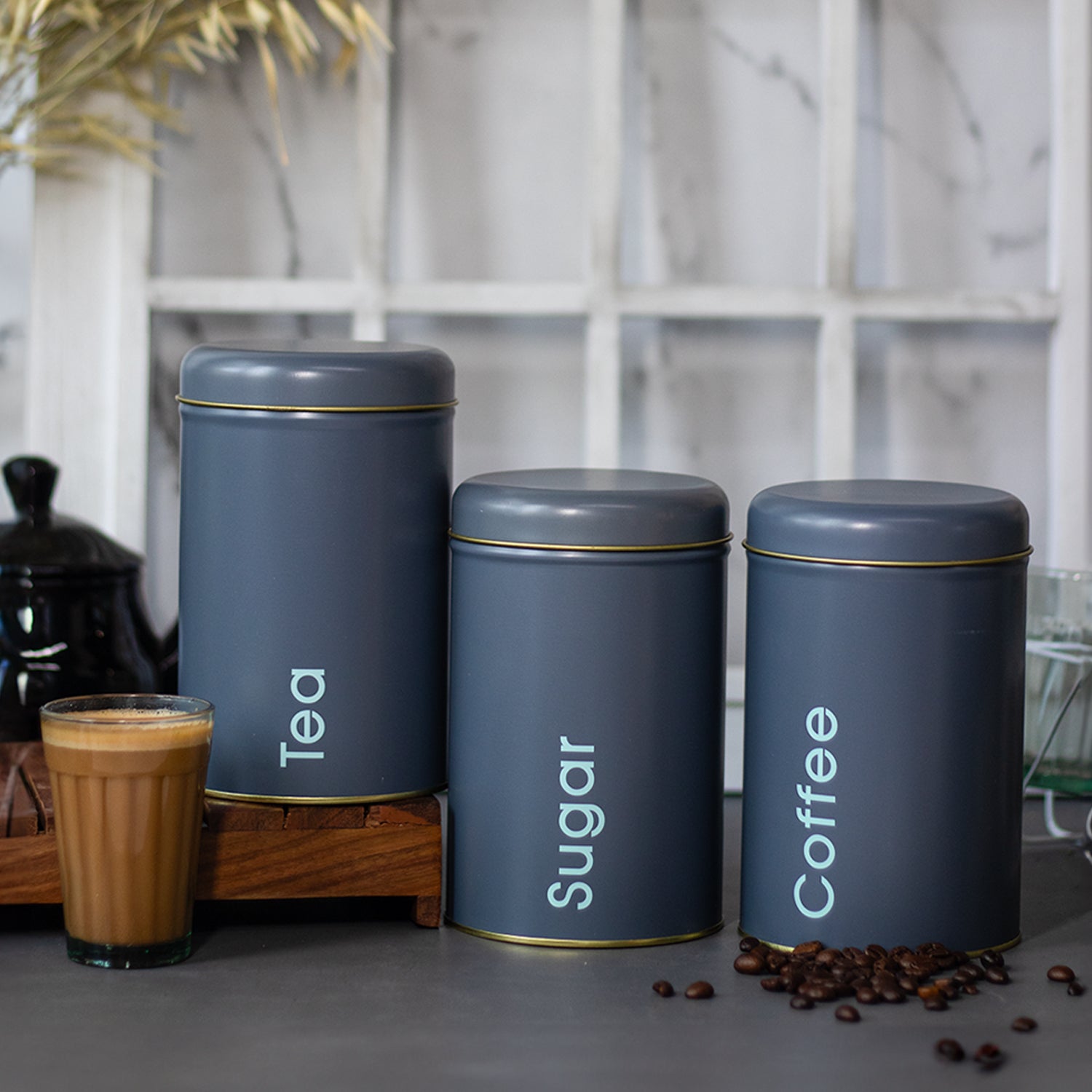 Coffee, Tea & Sugar - Metal Jar Set Of 3, Grey Color, 1450Ml