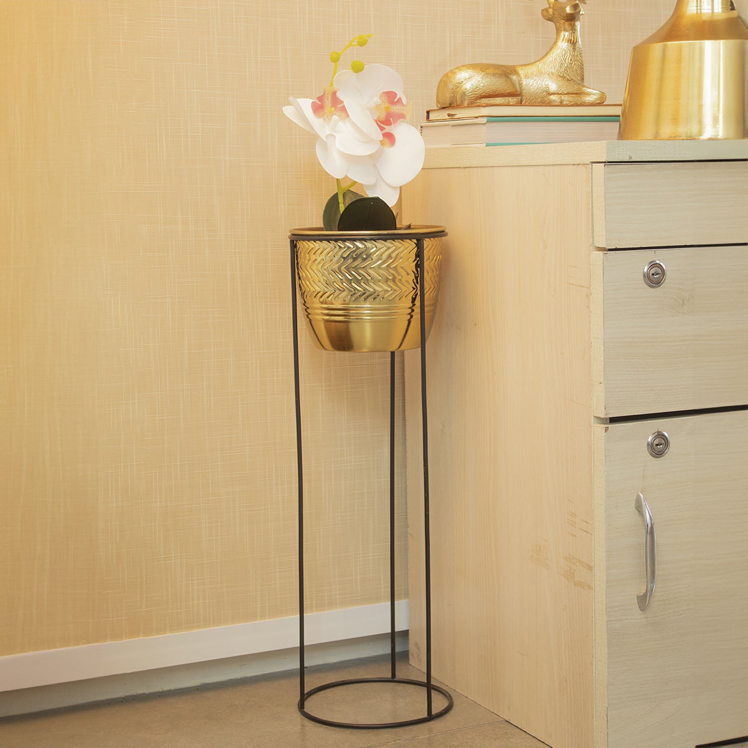 Gold Hammered Metal Floor Planter with Stand