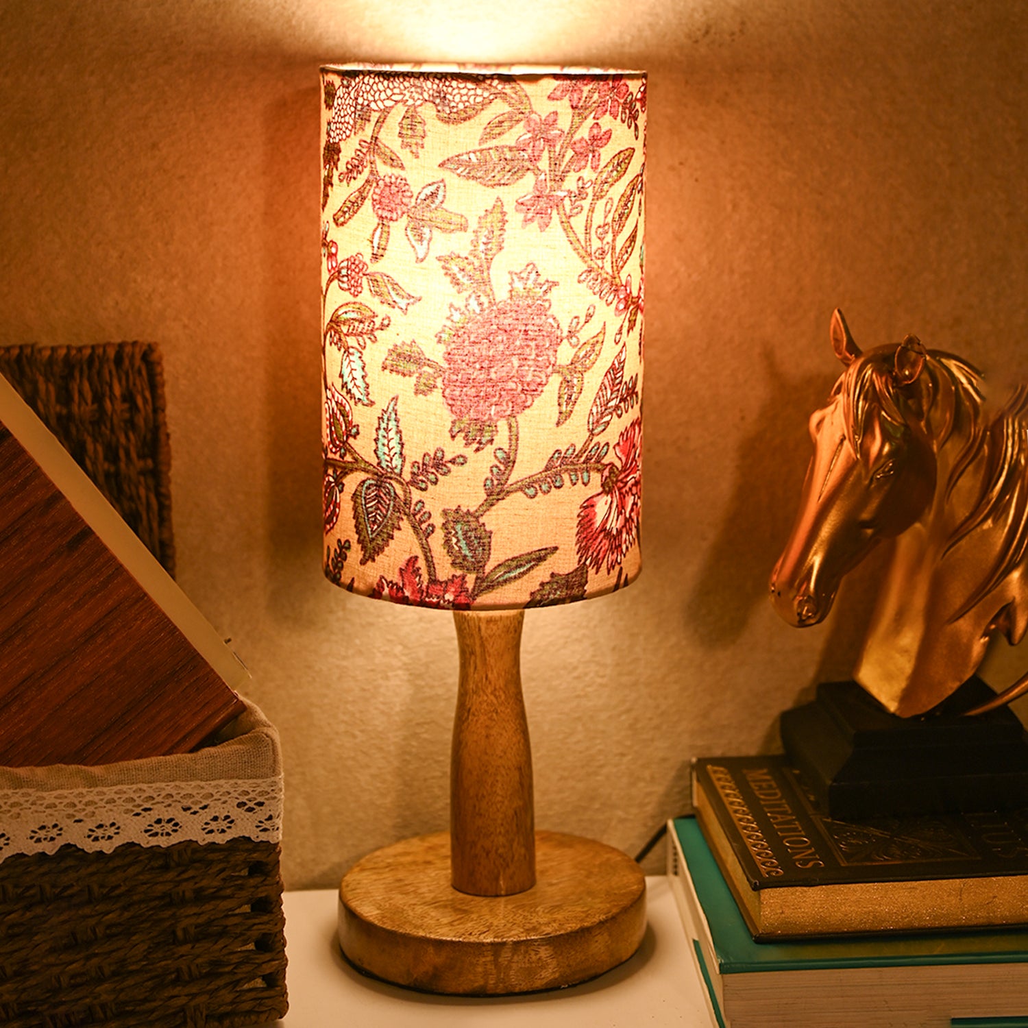 Wooden Table Lamp With Multi Floral Print Shade