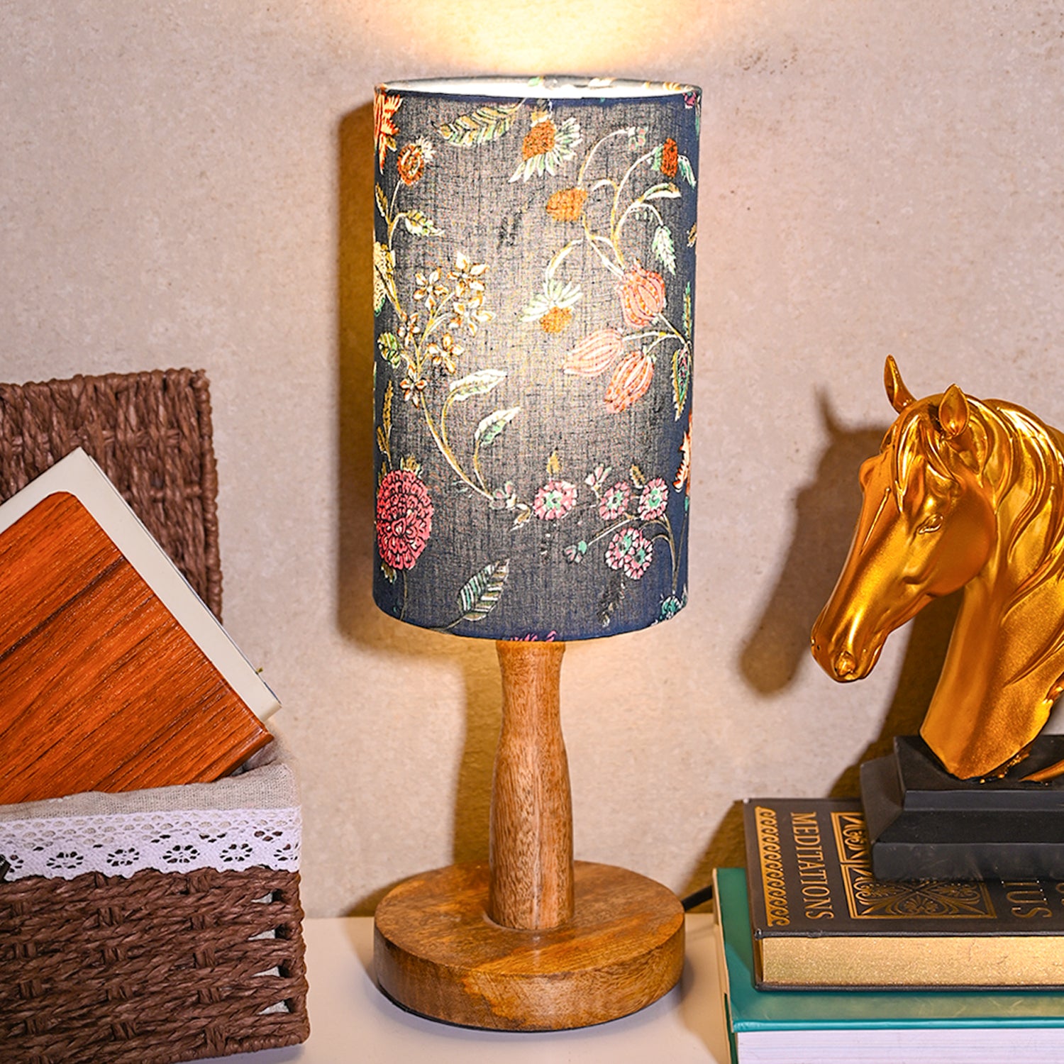 Wooden Table Lamp With Multi Floral Print Shade