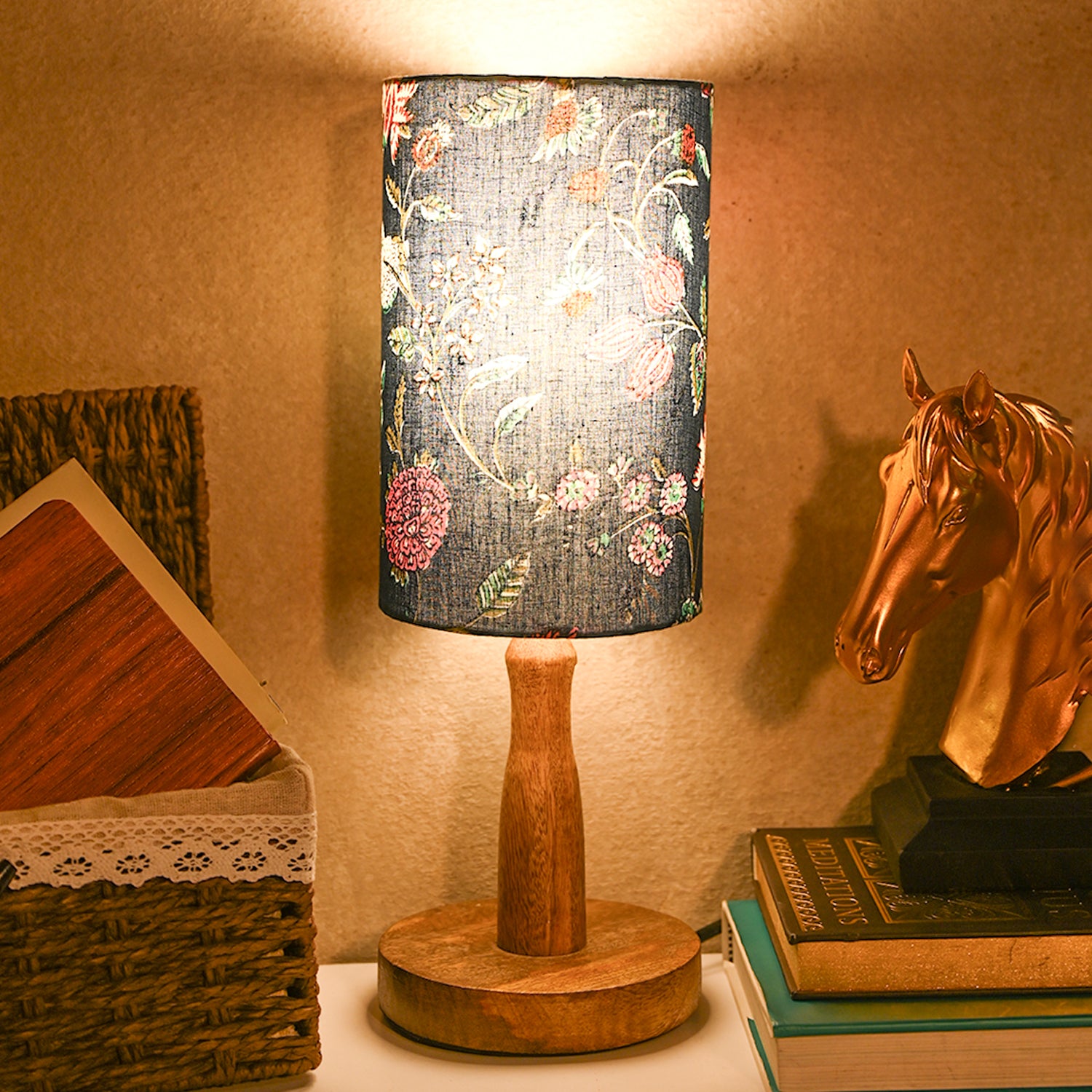 Wooden Table Lamp With Multi Floral Print Shade