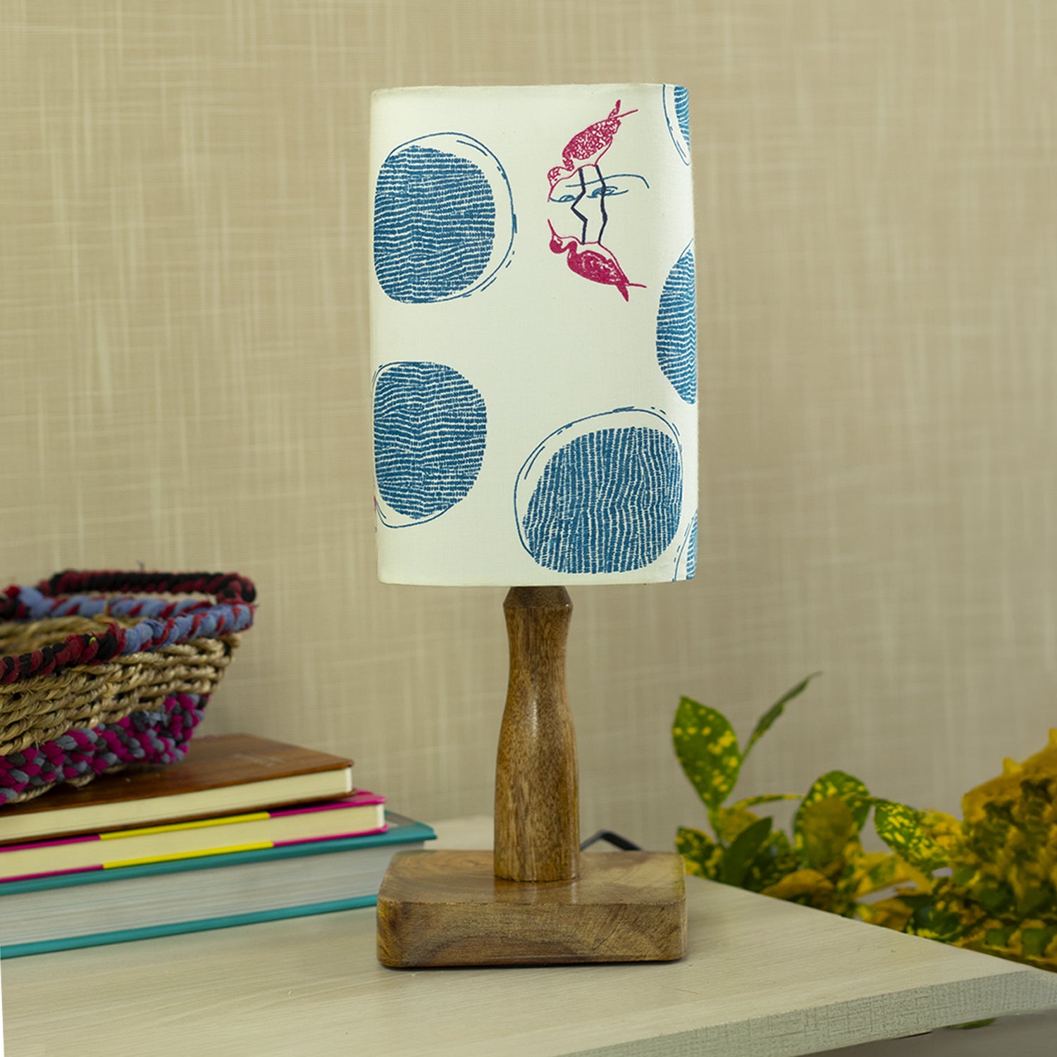 Wooden Table Lamp With Bird Print Shade