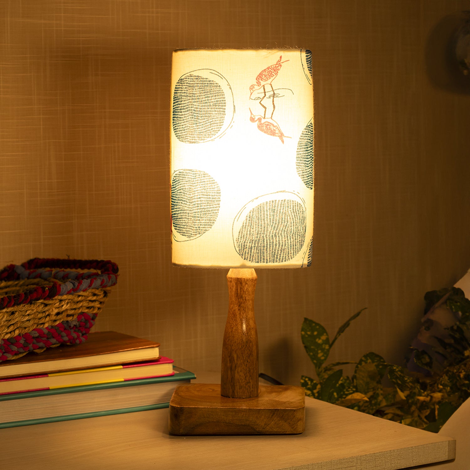 Wooden Table Lamp With Bird Print Shade