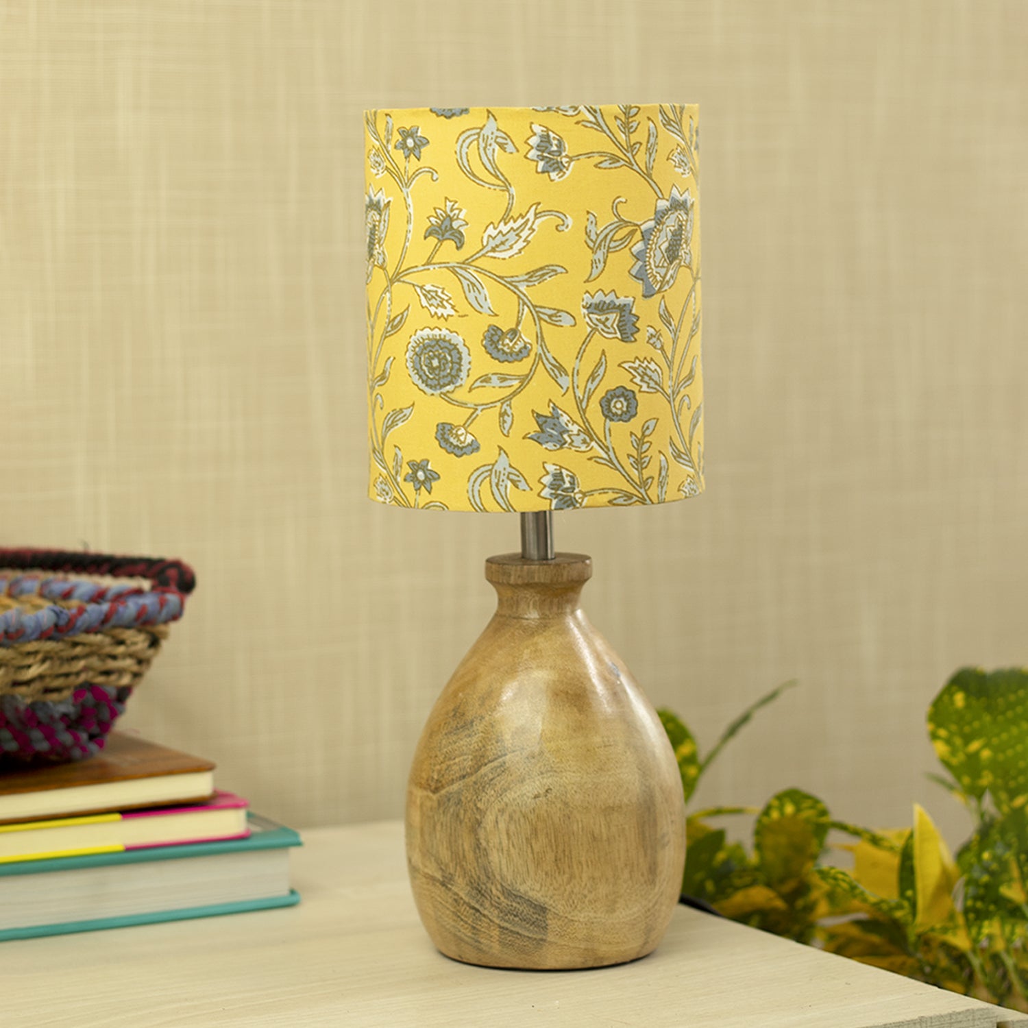 Wooden Table Lamp With Yellow Floral Shade