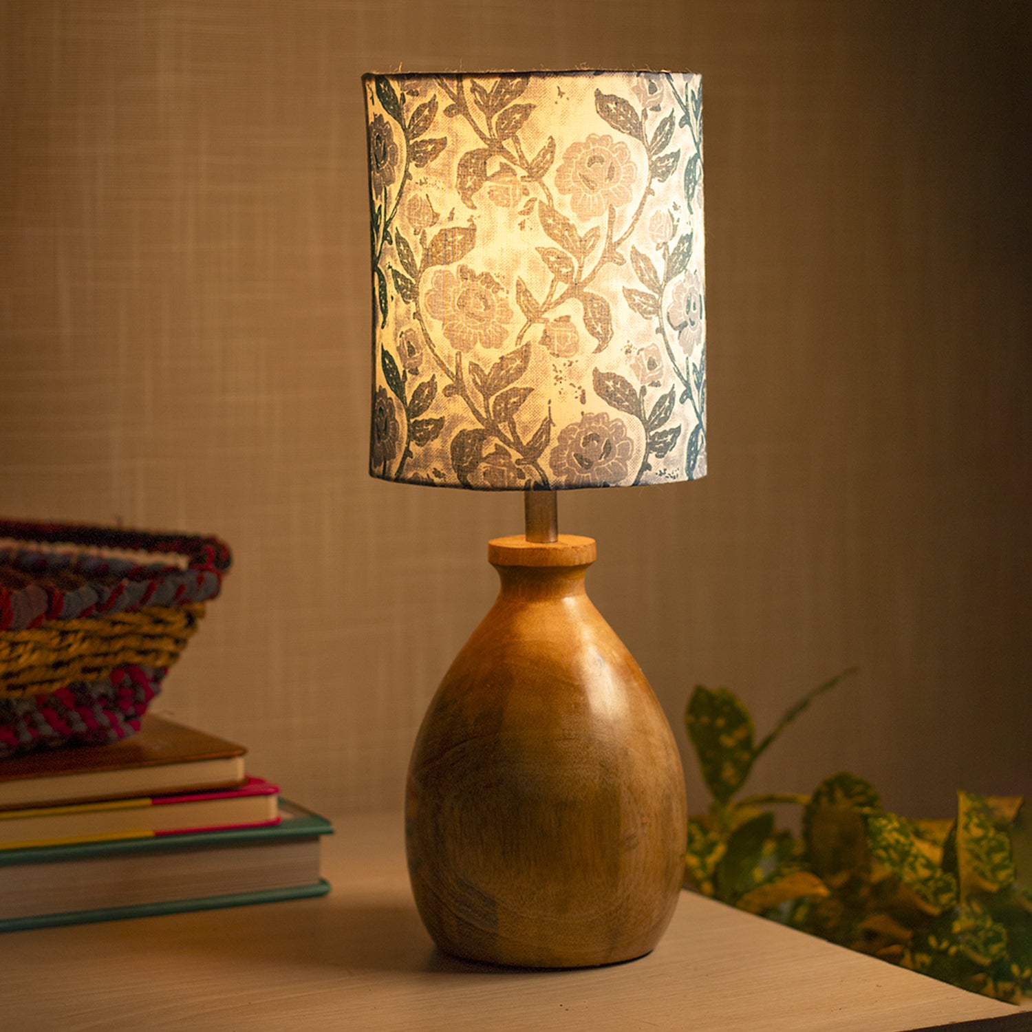Wooden Table Lamp With Grey Shade - Grey