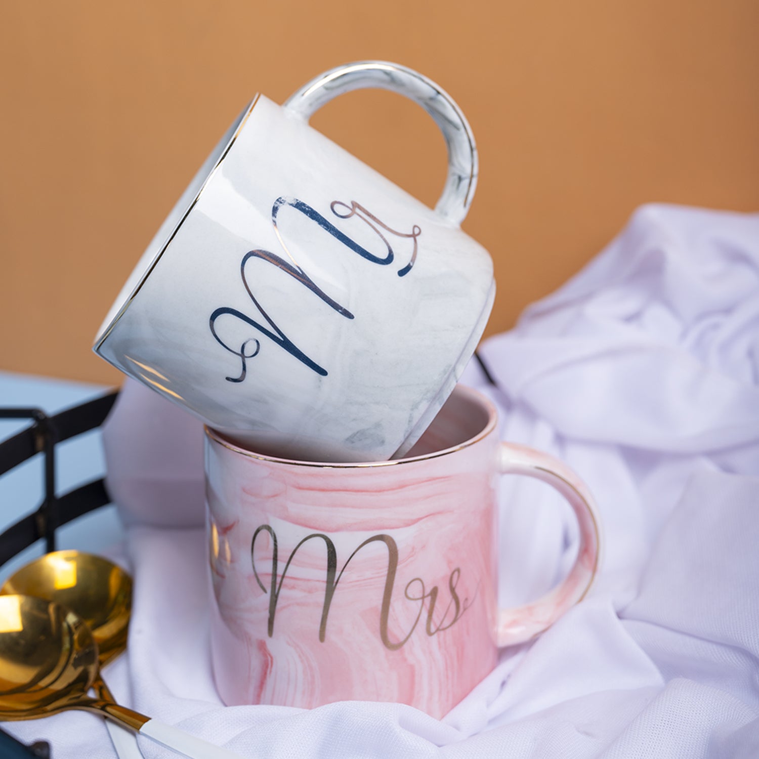 Marble Texture Mr. & Mrs. Coffee Mug - Set Of 2, 350 ml