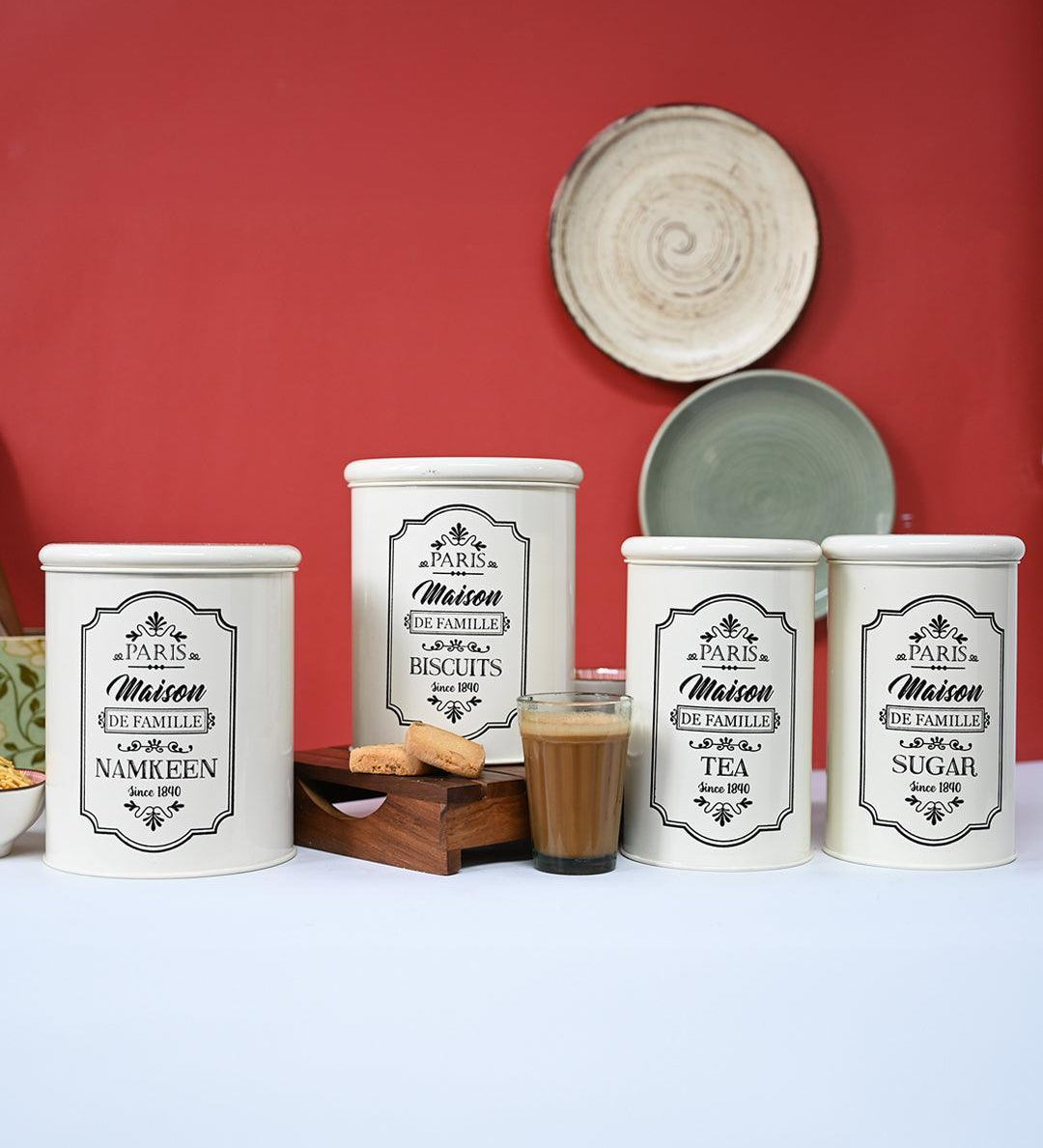 Metal Tea & Sugar Jar (Each 900 Ml) + Cookie & Namkeen Jar (Each 1700 Ml) - Ivory, Set Of 4 - MARKET99