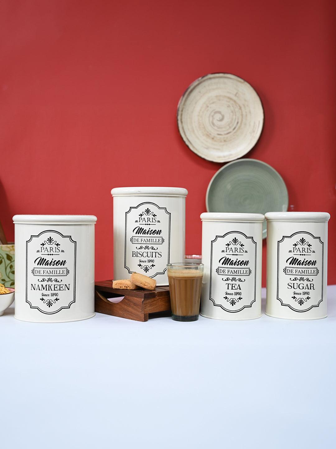 Metal Tea & Sugar Jar (Each 900 Ml) + Cookie & Namkeen Jar (Each 1700 Ml) - Ivory, Set Of 4
