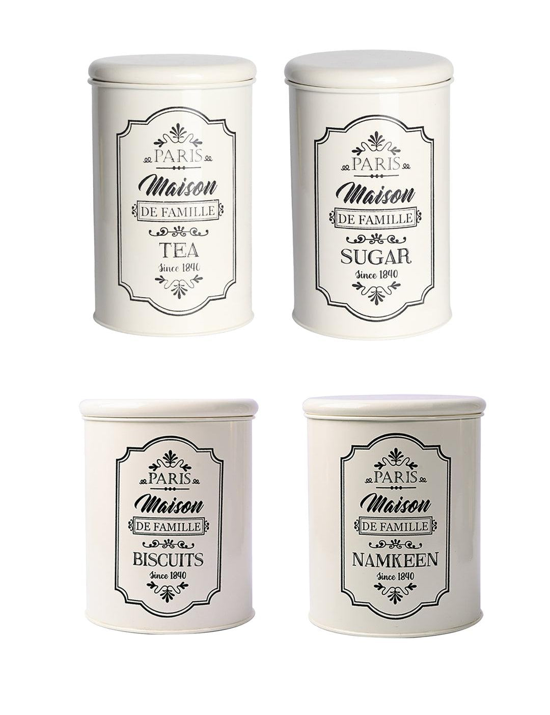 Metal Tea & Sugar Jar (Each 900 Ml) + Cookie & Namkeen Jar (Each 1700 Ml) - Ivory, Set Of 4 - MARKET99