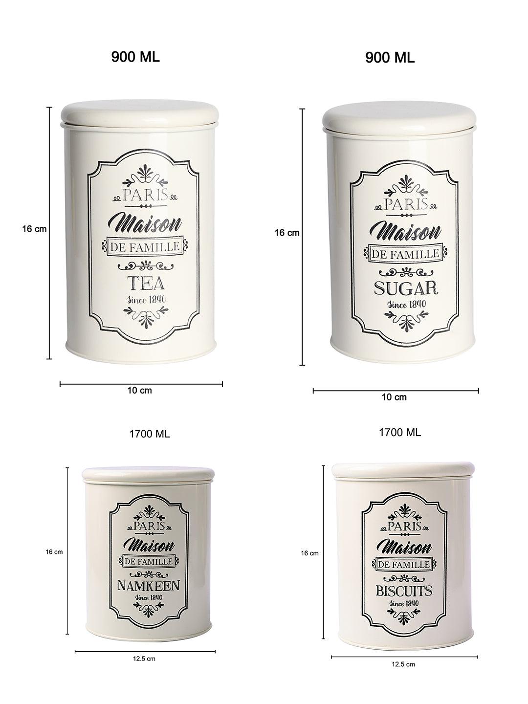 Metal Tea & Sugar Jar (Each 900 Ml) + Cookie & Namkeen Jar (Each 1700 Ml) - Ivory, Set Of 4