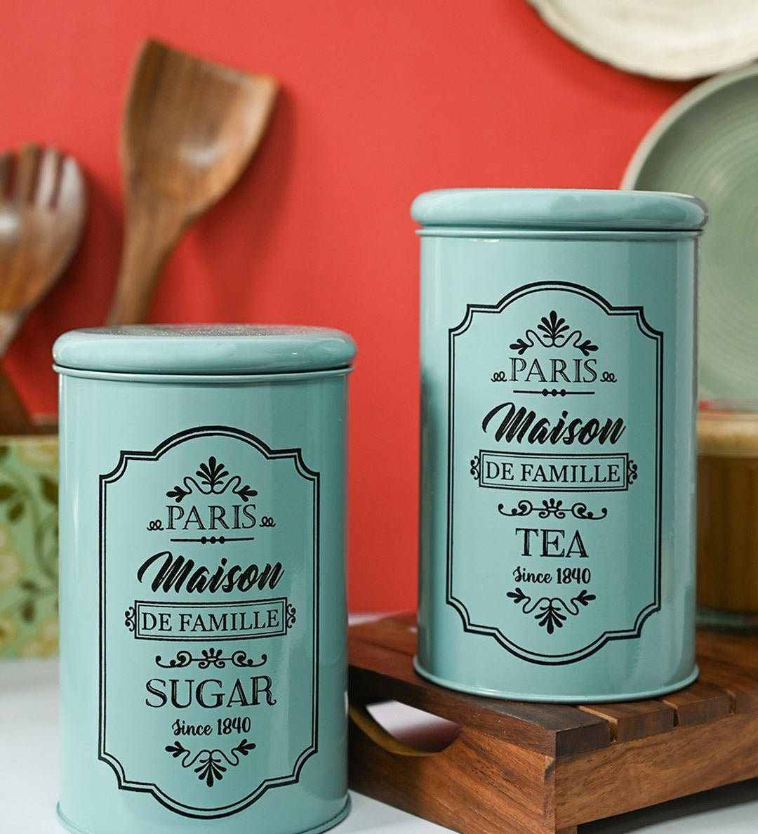 Metal Tea & Sugar Jar Set - Green & Each 900 Ml - MARKET99