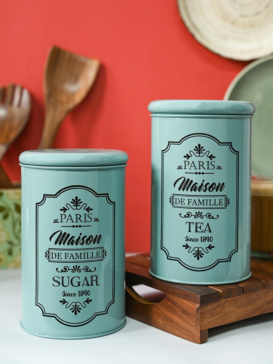 Metal Tea & Sugar Jar Set - Green & Each 900 Ml